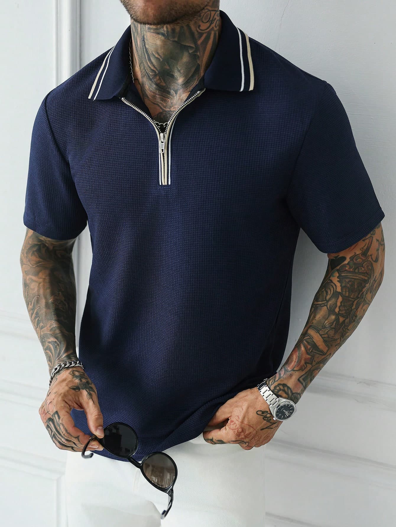 Manfinity CasualCool Men's Ribbed Collar Waffle Knit Mature Casual Daily, Holiday, Date, Gift For Husband/Boyfriend Short Sleeve Polo Shirt