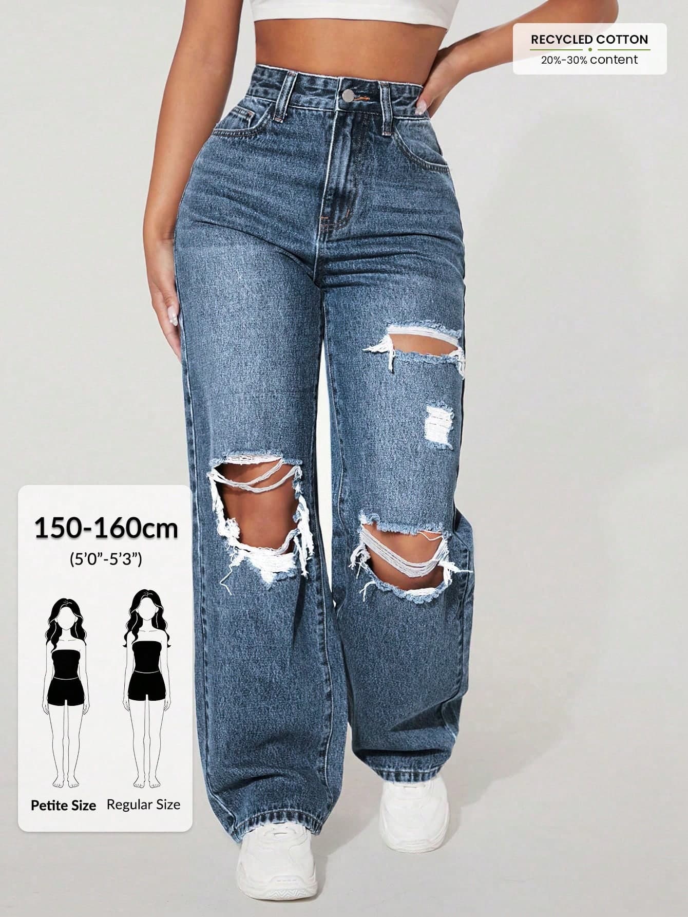 SHEIN PETITE Women's Casual Washed Distressed Straight Leg Jeans ,Petite Women