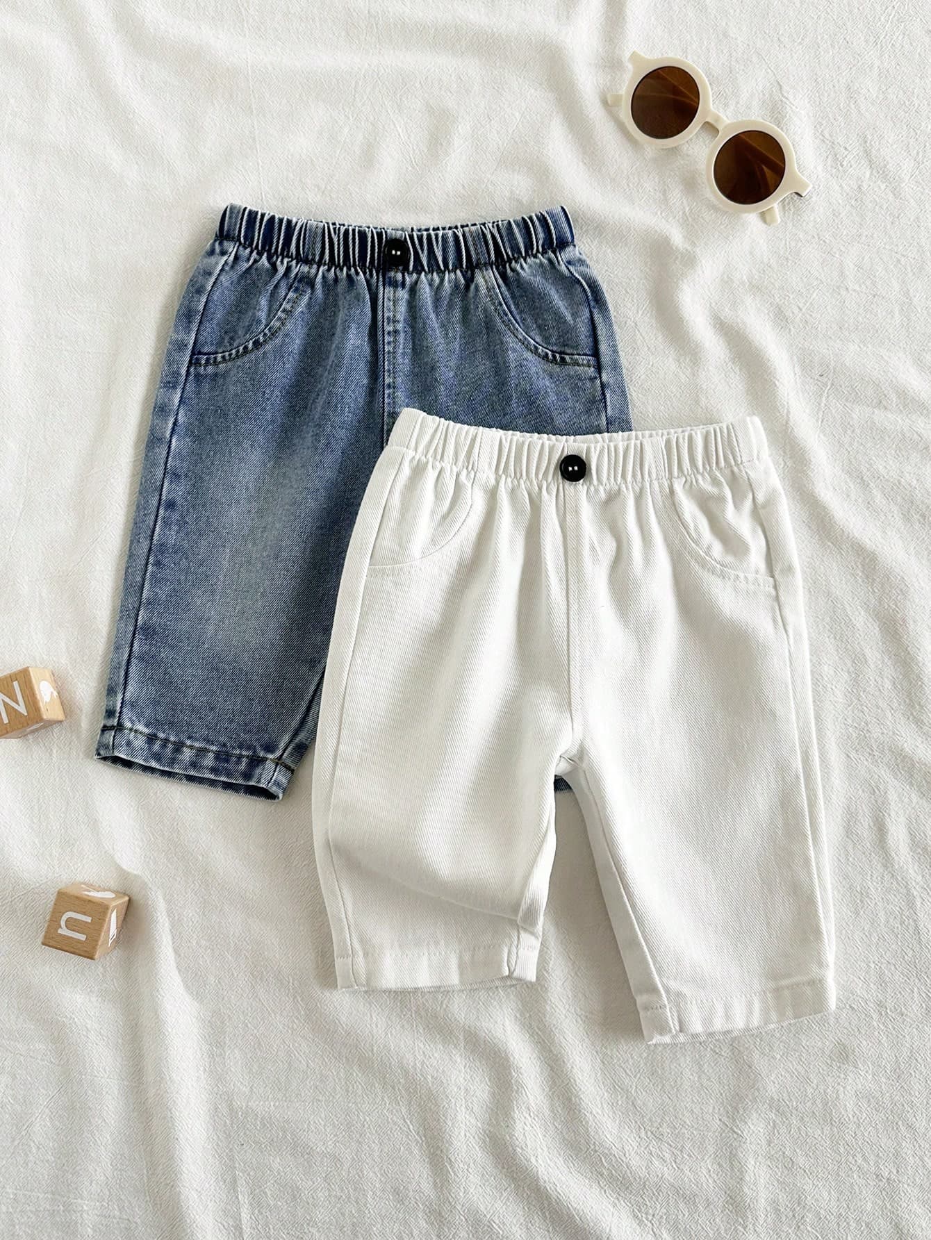 Vintaside Kids Pastoral Style Newborn Denim Long Pants, Classic Washed Blue + Faux Pockets + Full Elastic Waistband For Easier On And Off + Classic Retro Button Front Waist + Loose And Comfortable Fit, Whether For Daily Outings, Travel, Vacation Strolls And More, It's The Most Fashionable And Cute Baby