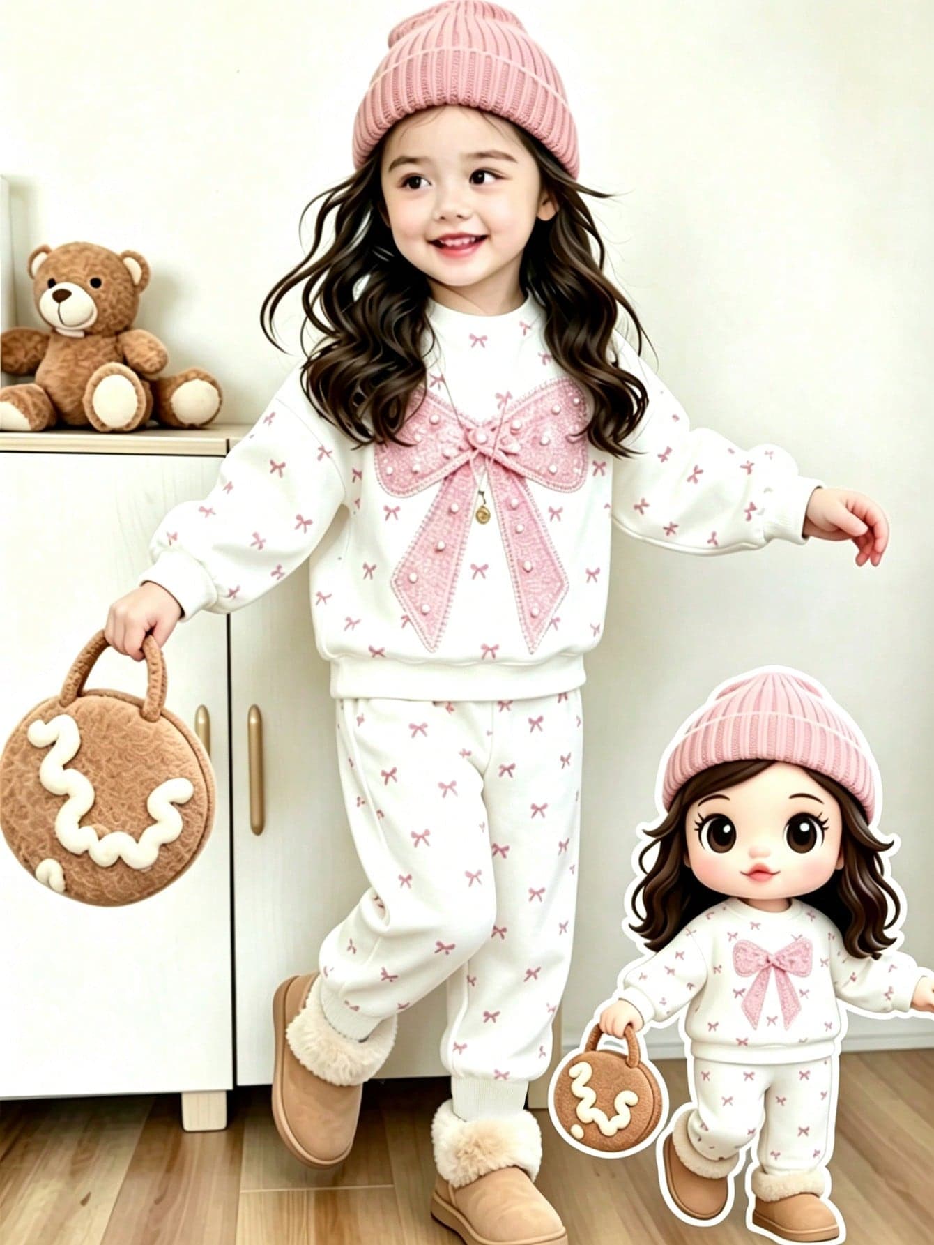 SHEIN Girls' Fashion Casual Cute Pink Pearl Large Bow & Small Bow All-Over Print Crew Neck Long Sleeve Sweatshirt Set, 2-Piece Outfit For Autumn/Winter Daily Wear, Kawaii