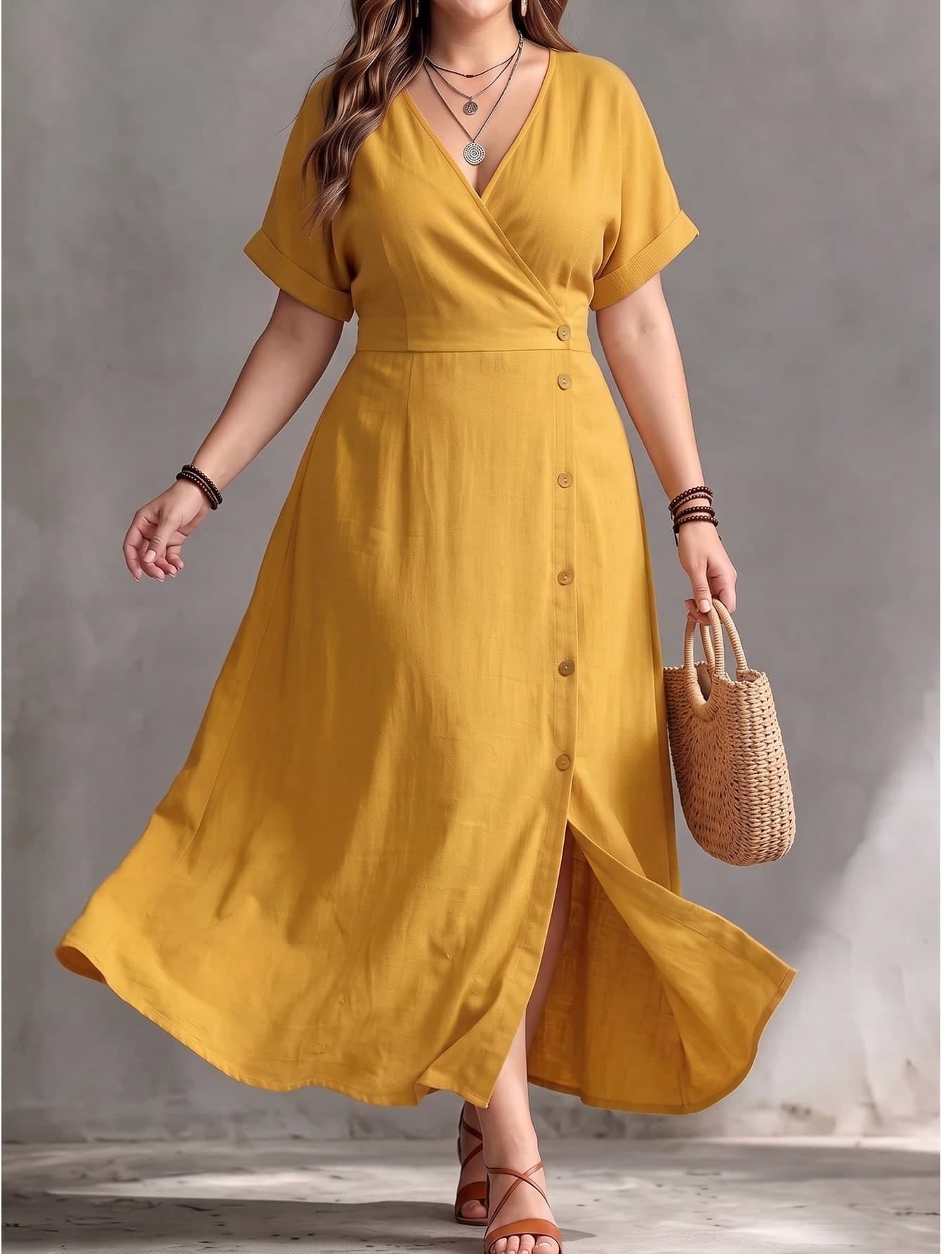Ceyna Plus Size Women French Casual Boho Elegant V-Neck Short Sleeve Dress Vacation Mustard Yellow Summer