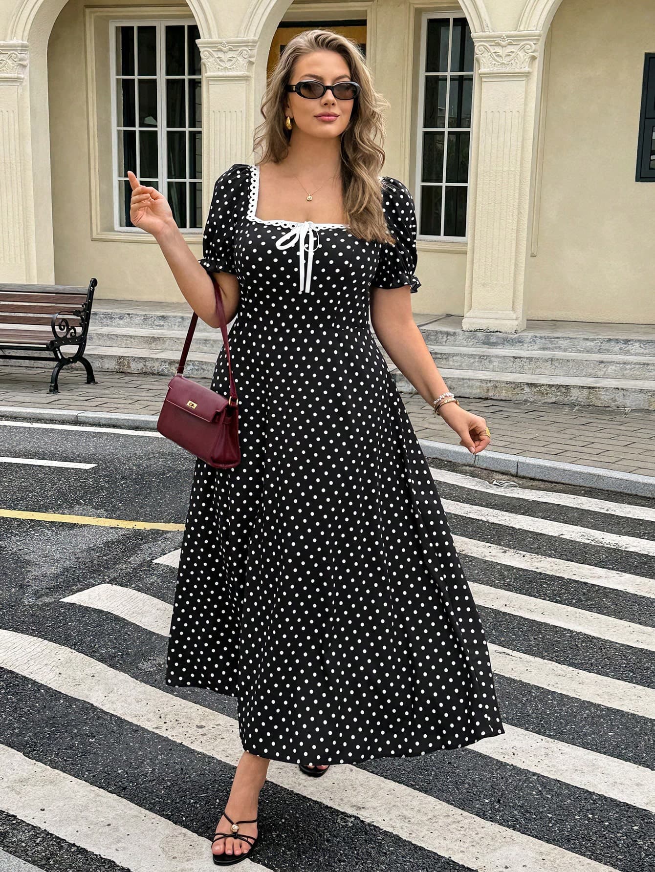 Easura Plus Size Women's Polka Dot Pattern Front Tie Short Sleeve Elegant Dress