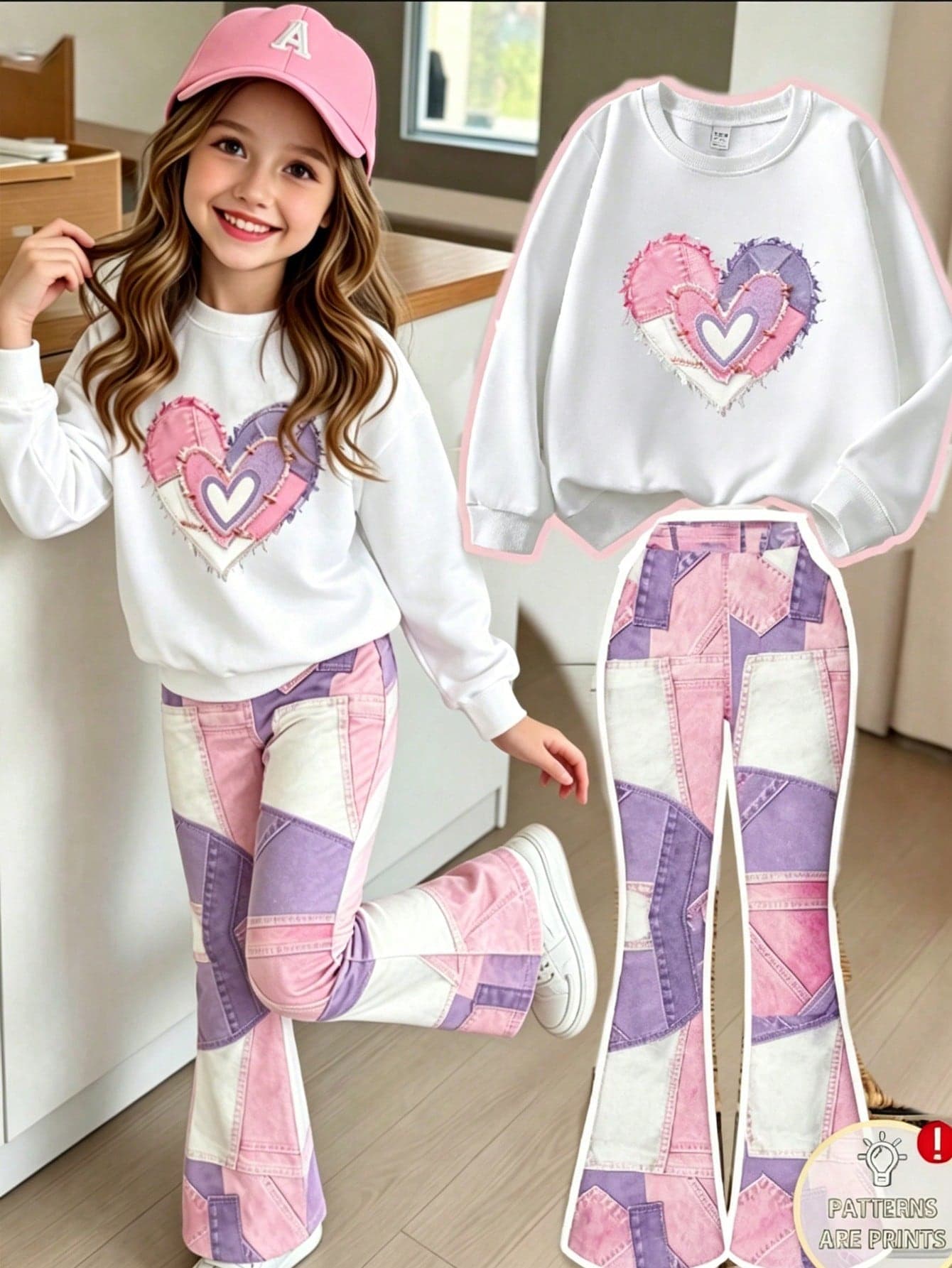 SHEIN Girls' 2pcs Set: Faux Denim Pink & Purple Patchwork Heart Embroidery Crew Neck Sweatshirt And Colorblock Pink & Purple Faux Denim Flare Pants With Digital Print, Sweet Casual Outfit For Spring/Autumn/Winter, Patchwork Heart Print, Long Sleeve Crew Neck Sweatshirt, Contrast Color Flare Pants, Kids Spring/Autumn Set, Ins Sweet Young Girl Outfit, Vintage