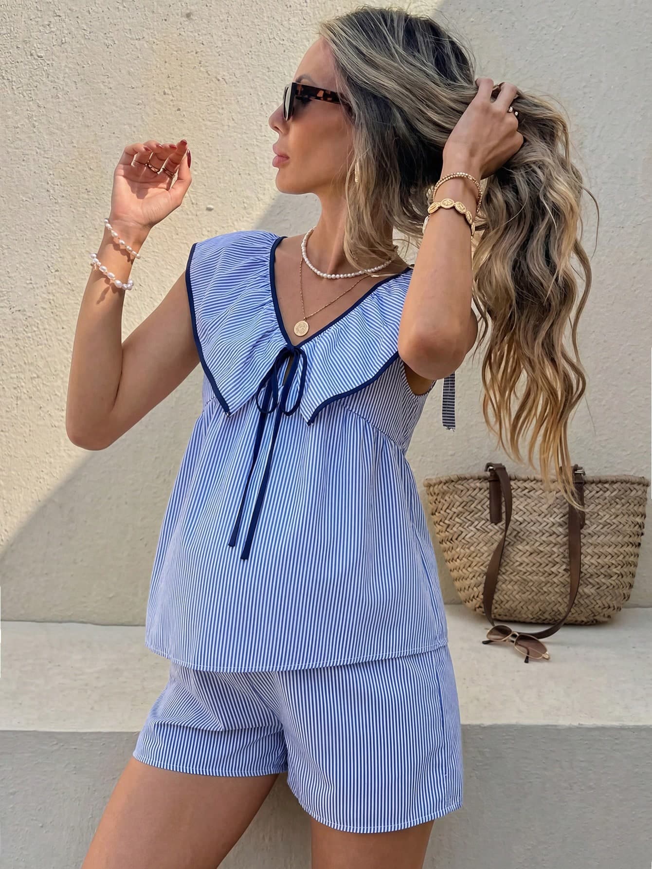 SHEIN 2pcs Maternity Casual Navy Blue Top And Shorts Set, Summer Lounge Photoshoot Beach