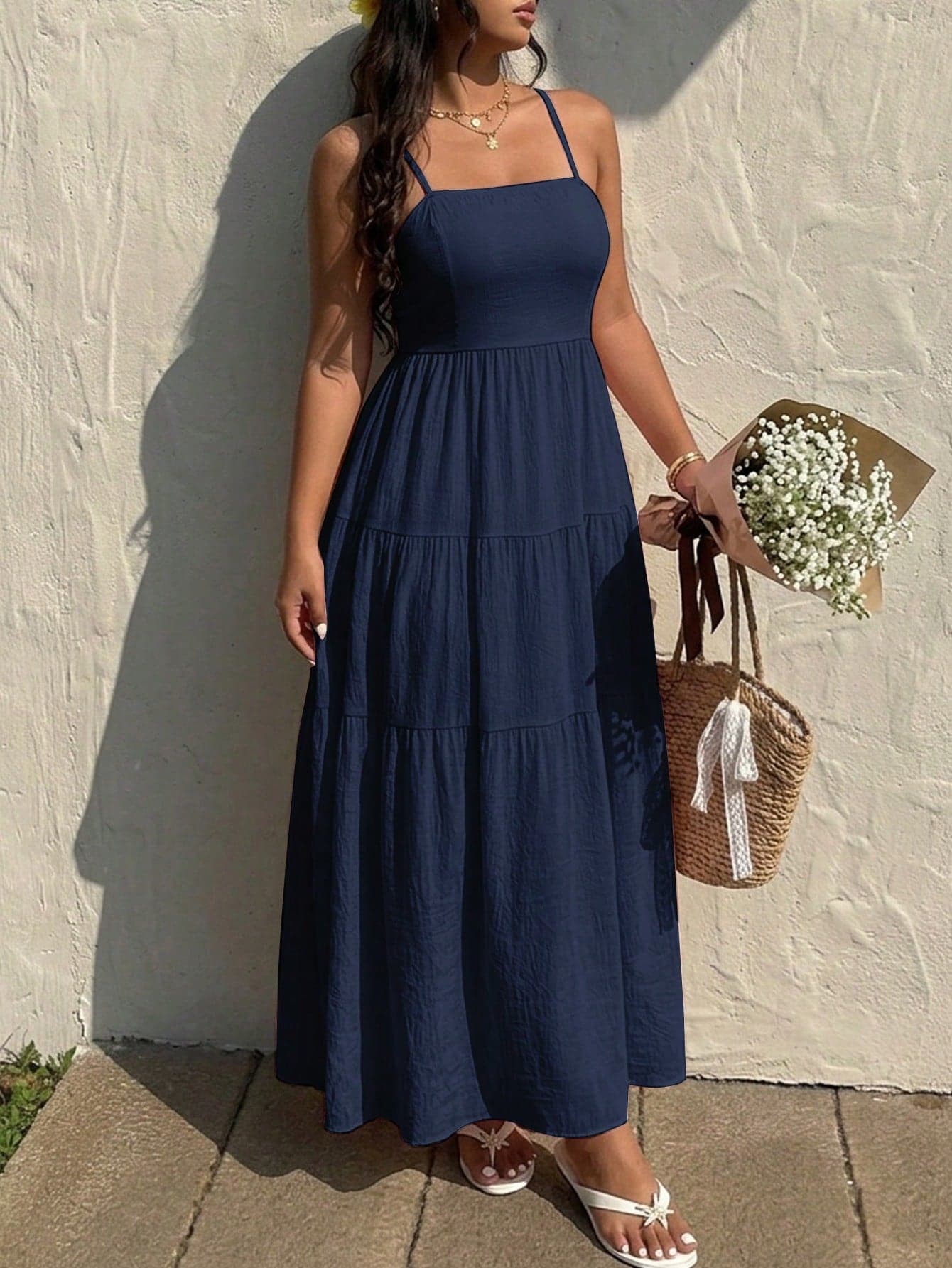 Sunnyshic Plus Size Women Solid Color Pleated Casual Party Vacation Travel Spaghetti Strap Dress Suitable For Summer