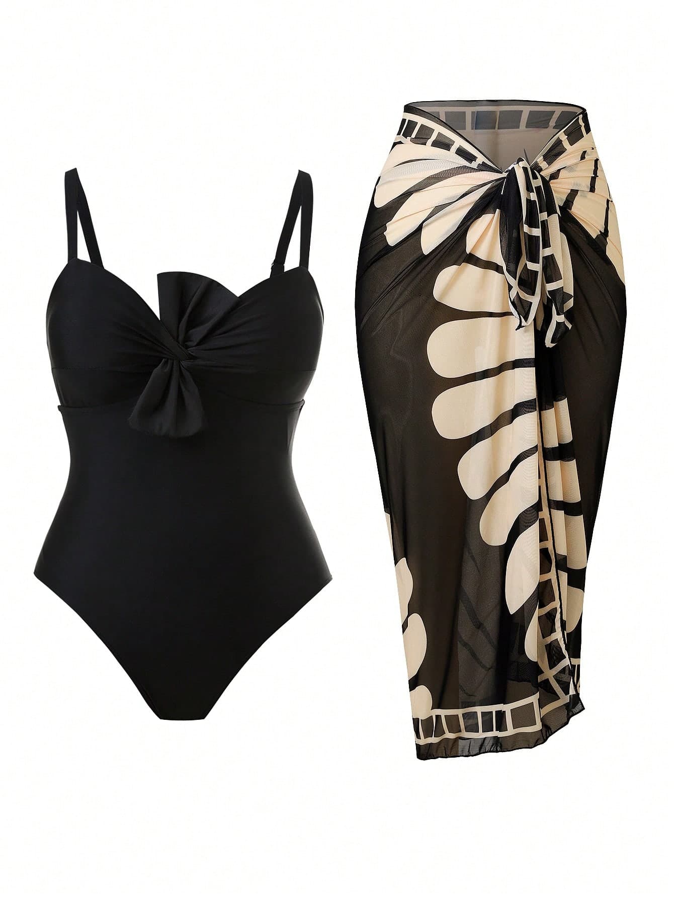 Swim Oasis OASIS Plus Size Vacation Swimwear Set, Black Print Sheer Cover-Up + Twist One-Piece Swimsuit 2 Pieces Set