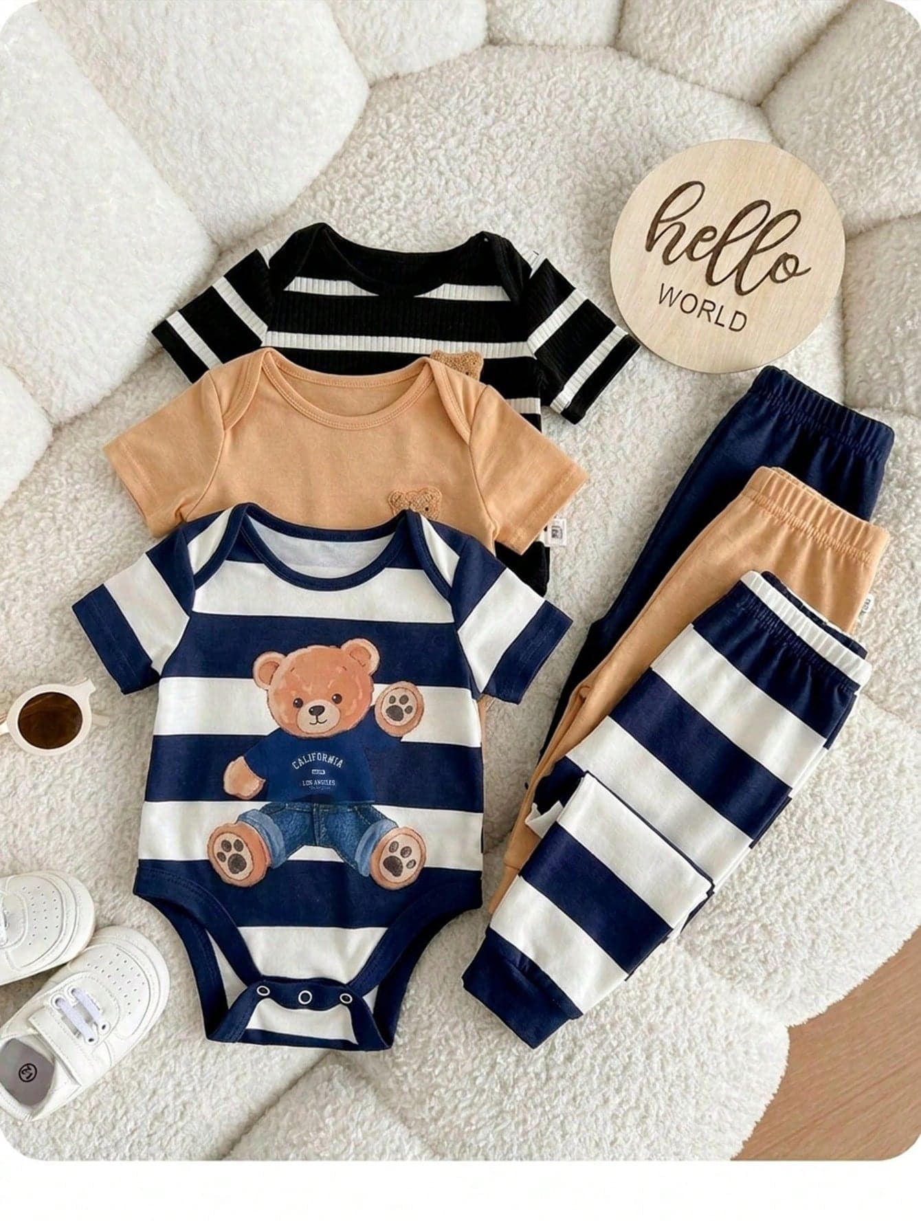 3 Pieces Newborn Baby Girl Summer Cute Knitted Cartoon Pattern Jumpsuit,Blue And White Stripe,Casual,Family Matching,Infant Photoshoot Party Clothes