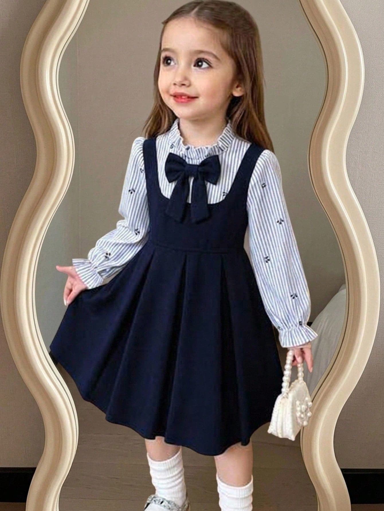 Elladie kids Back To School Season 2pack Little Girls Striped Ruffle Shirt Bow Suspender Dress Two Piece Set Casual Spring Autumn Kids Dress