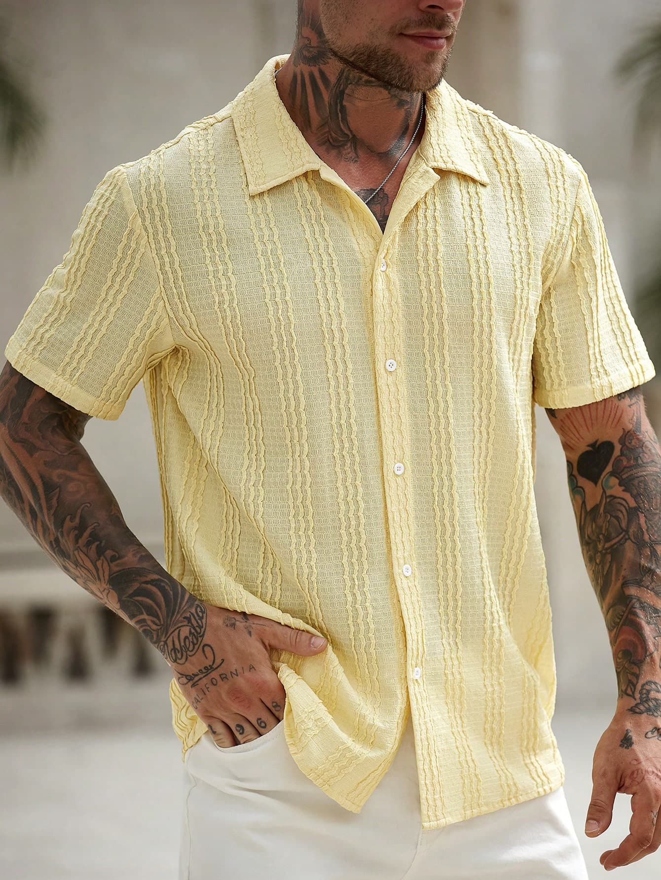 Manfinity RSRT Men's Pale Yellow Summer Casual Vacation Holiday Shirt,Knitted Crochet Texture French Elegant Retro Single-Breasted Short Sleeve Tropical Knit Shirt