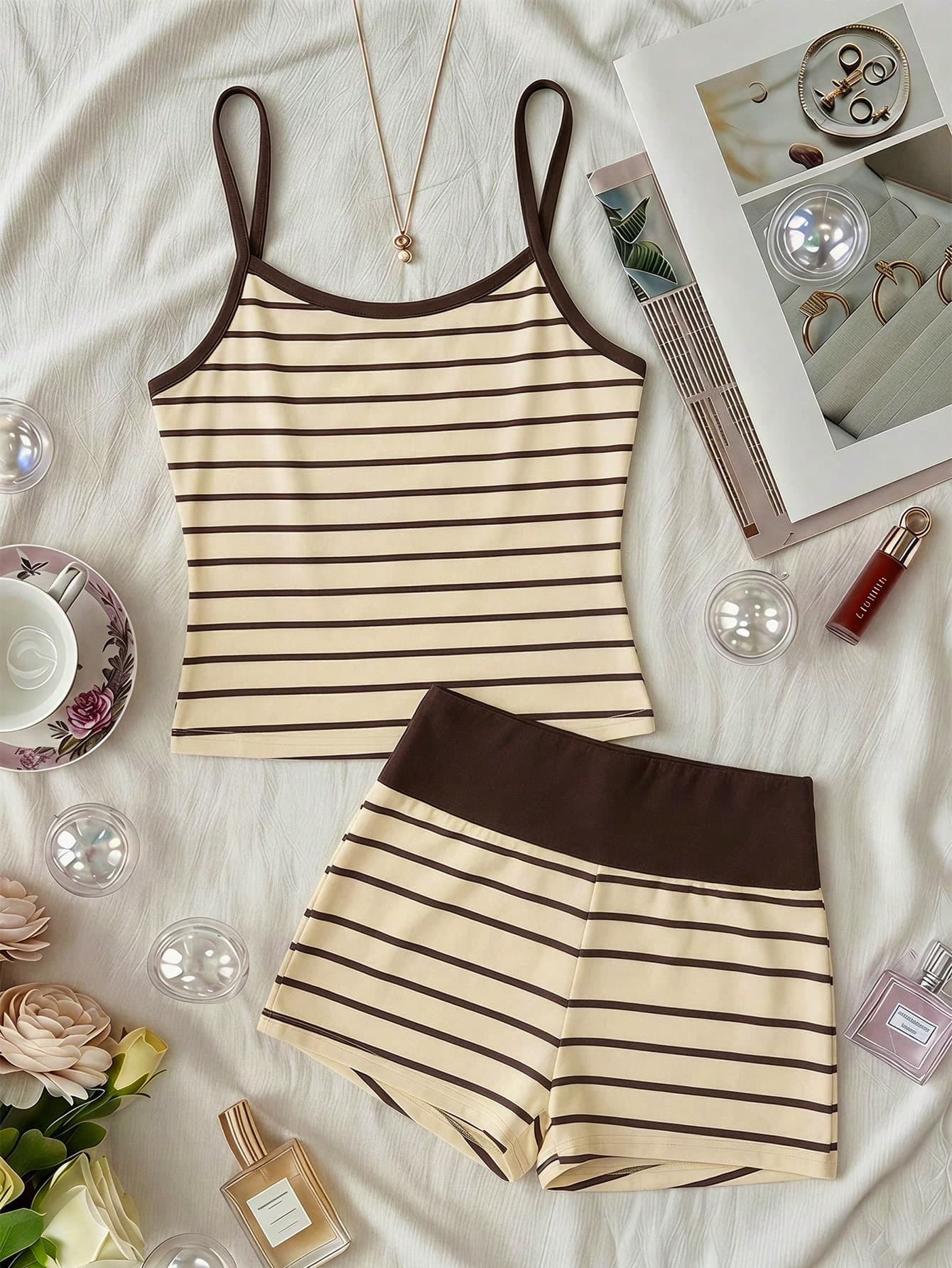 SHEIN Teen Girls' Pink & Brown Striped Knit Set, Summer Cami Top & Shorts, Casual Sports 2 Pieces Tween Girl'