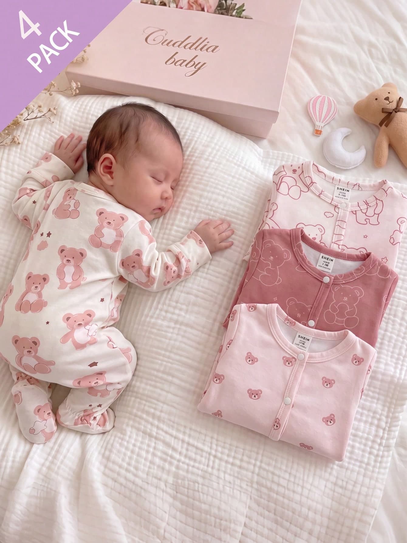 SHEIN Vintaside Kids 4pcs Newborn Bear Pattern Khaki Long Sleeve Footed Jumpsuit Fall Winter