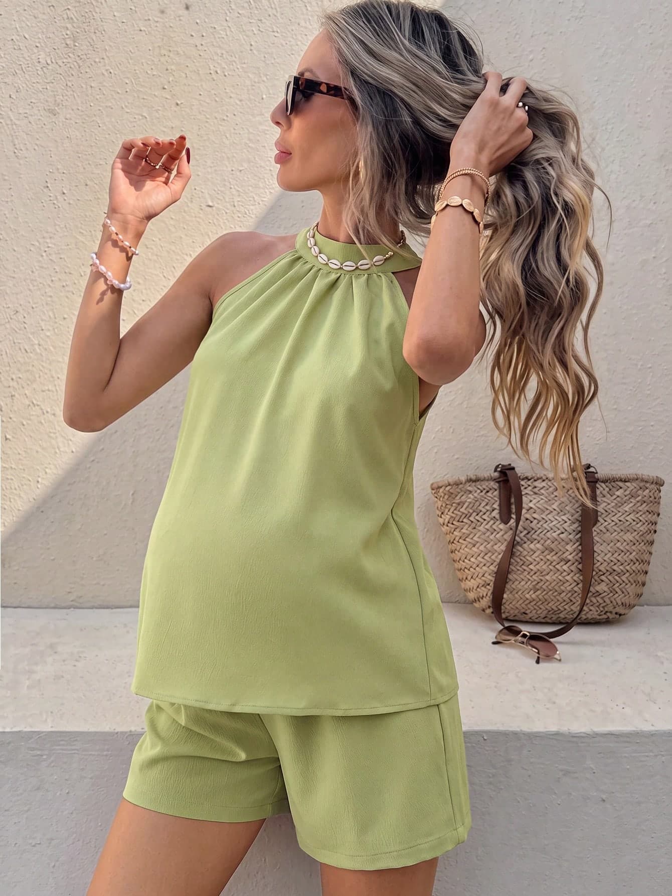 SHEIN 2pcs Maternity Solid Color Ruched Halter Top And Shorts Set Light Blue Summer Casual