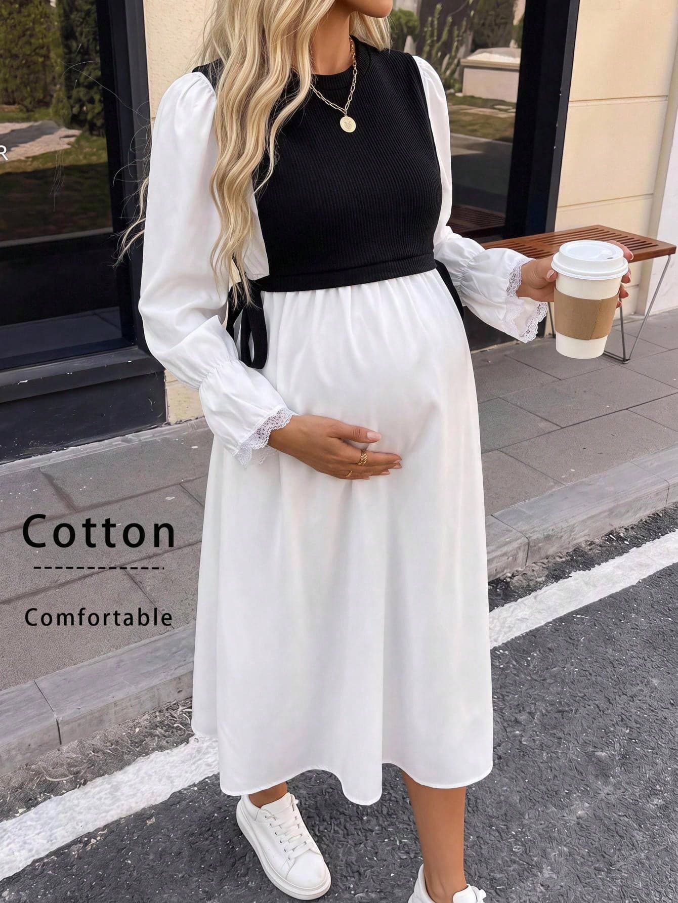 SHEIN Maternity Early Autumn Black And White Two-Piece Set With Long Sleeves And Lace Paneling 2pcs Tank Top Dress Set Photoshoot