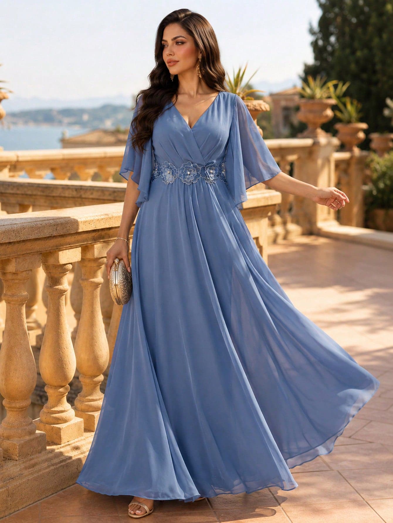 SHEIN Lady CURVE Haze Blue Plus Size Lace 3D Floral Spring/Summer Shiny Curve Dress For Wedding/Evening Party/Formal Elegant