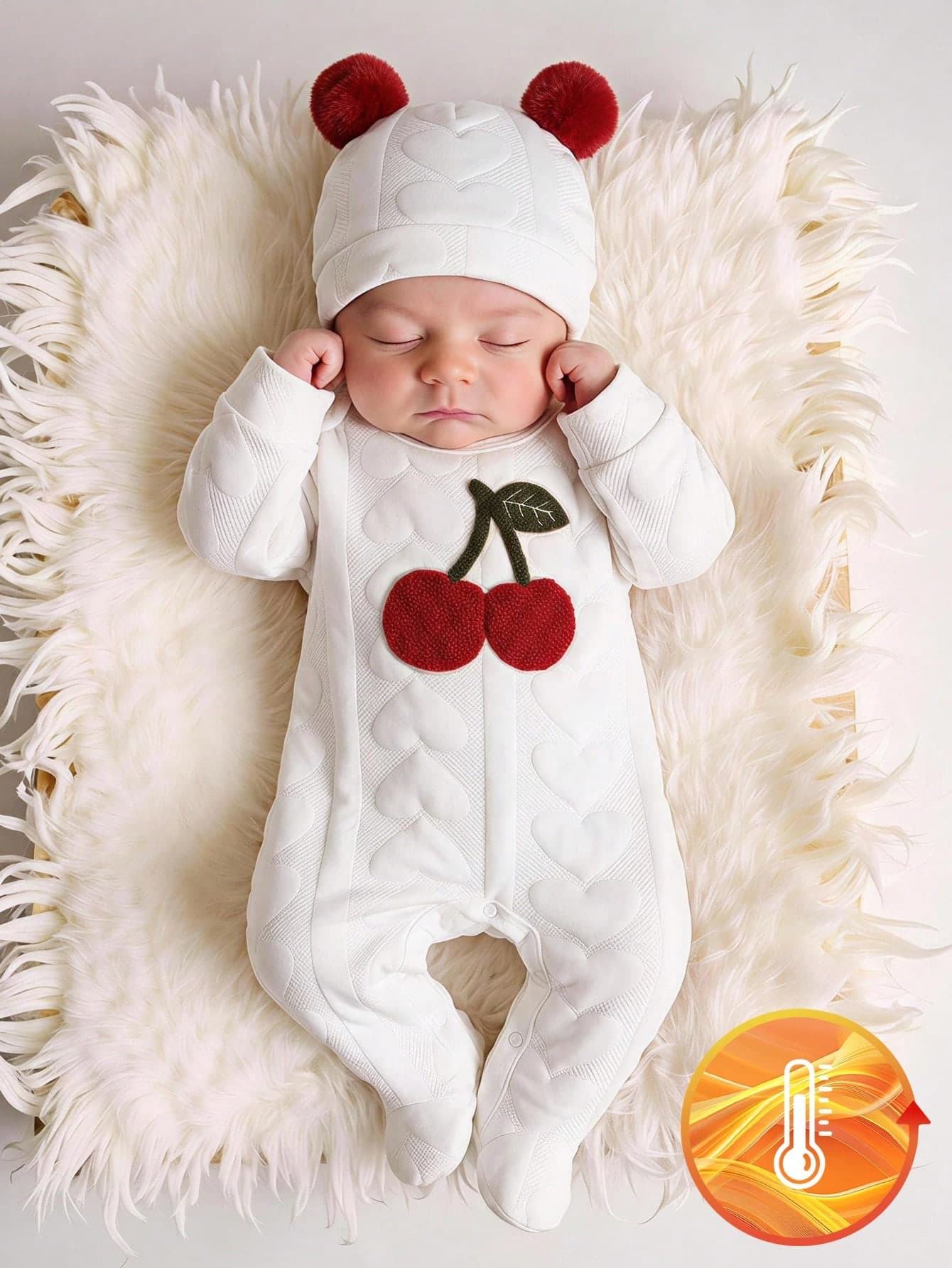 Souflis Souflis 1pc Newborn White Minimalist Fashionable Cute Bear Pattern Long Sleeve Long Leg Footed Romper And Hat 2-Piece Set Loungewear