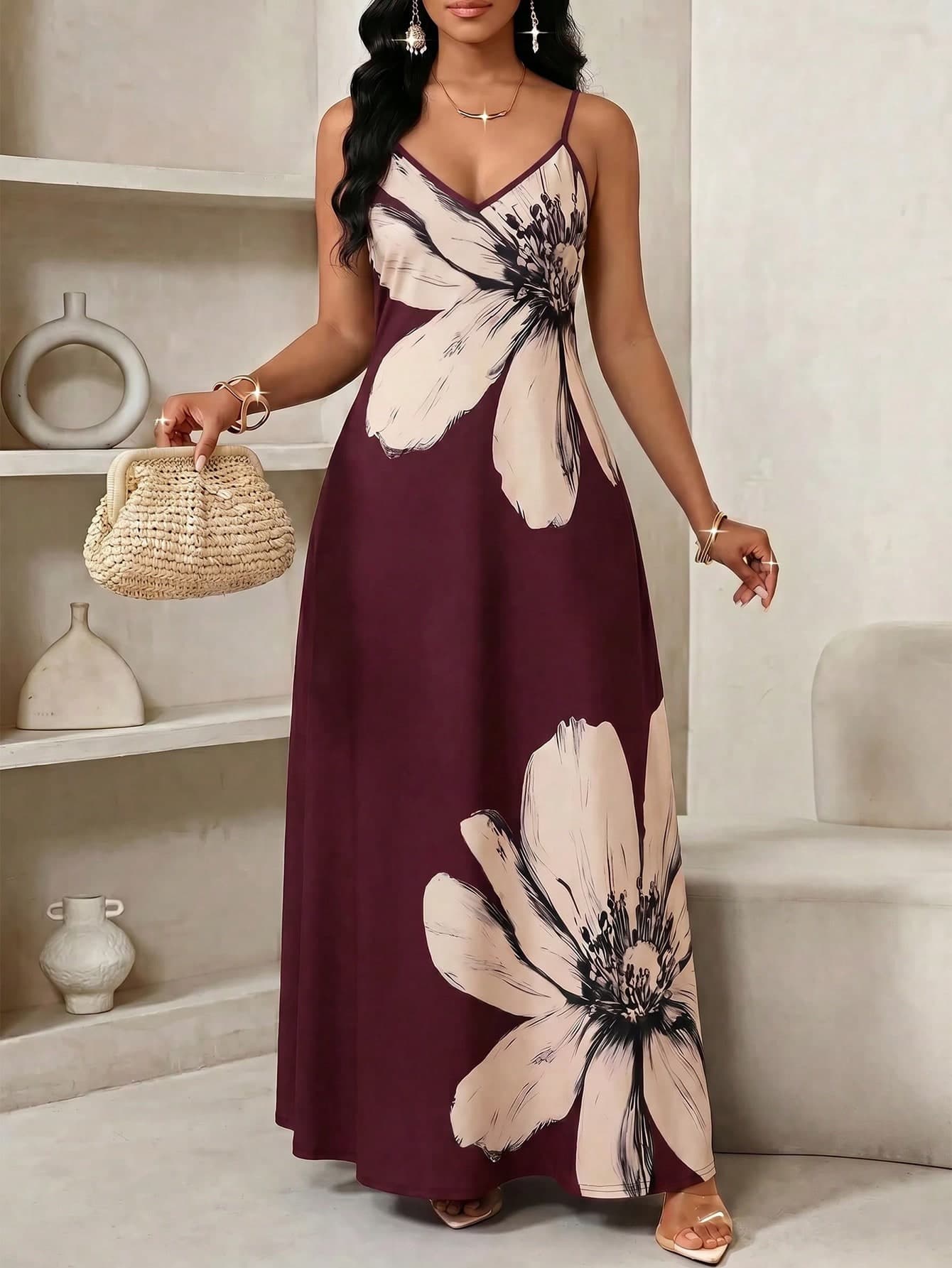 SHEIN Lady Plus Size Women Floral Print Casual Party Vacation Travel Spaghetti Strap Dress Burgundy Summer