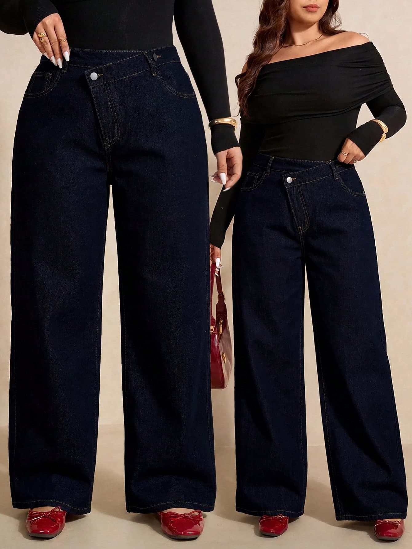 Elaquor Plus Size Casual Versatile Asymmetrical Waist Straight Leg Jeans Summer Fall Festival Beach Party Elegant Graduation Going Out Casual