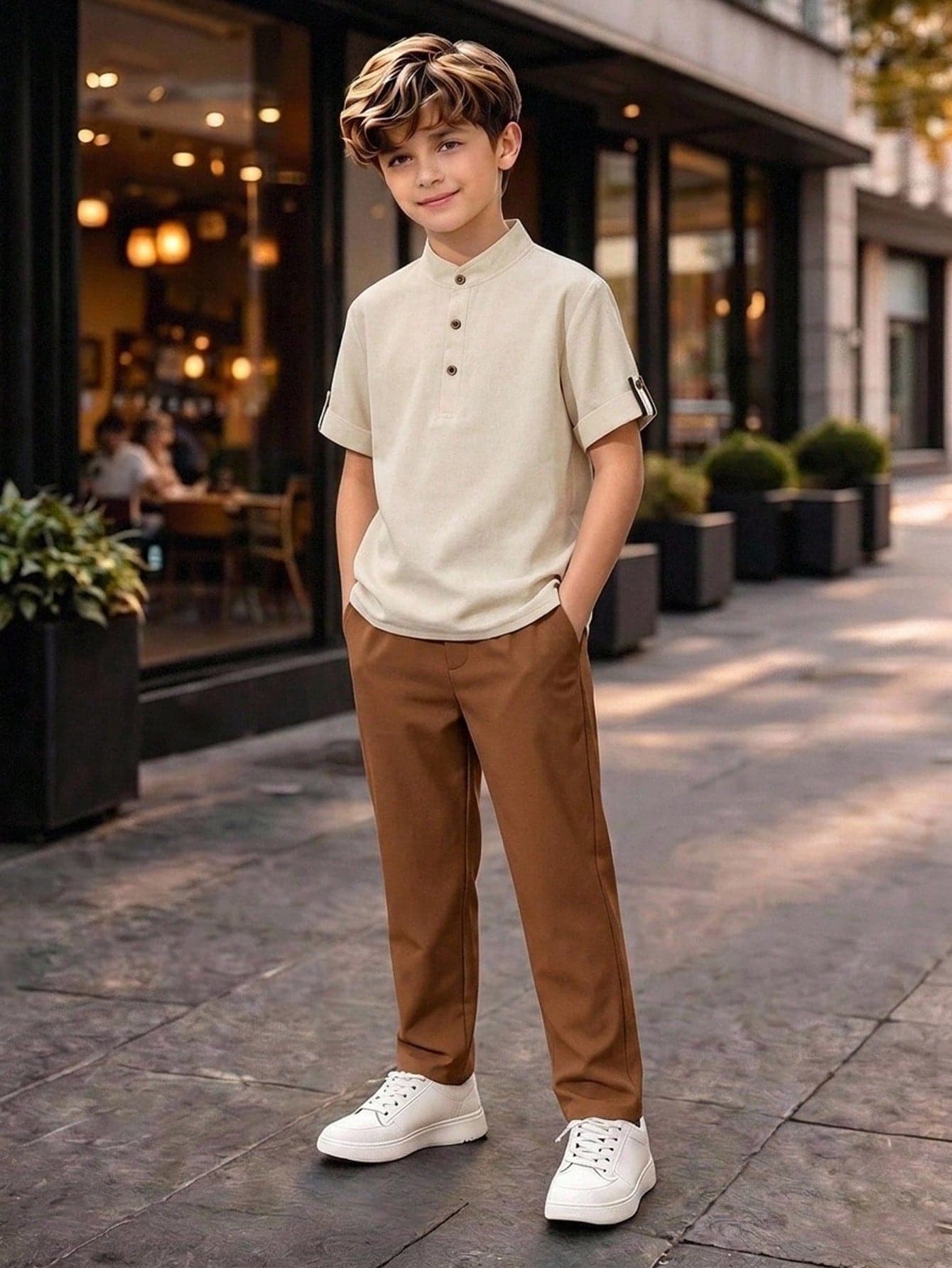 Vacaura 2pcs Boys Summer Casual Stand Collar Versatile Shirt & Solid Color Minimalist Pocket Pants Set, Suitable For Daily Wear And Outdoor Outfits