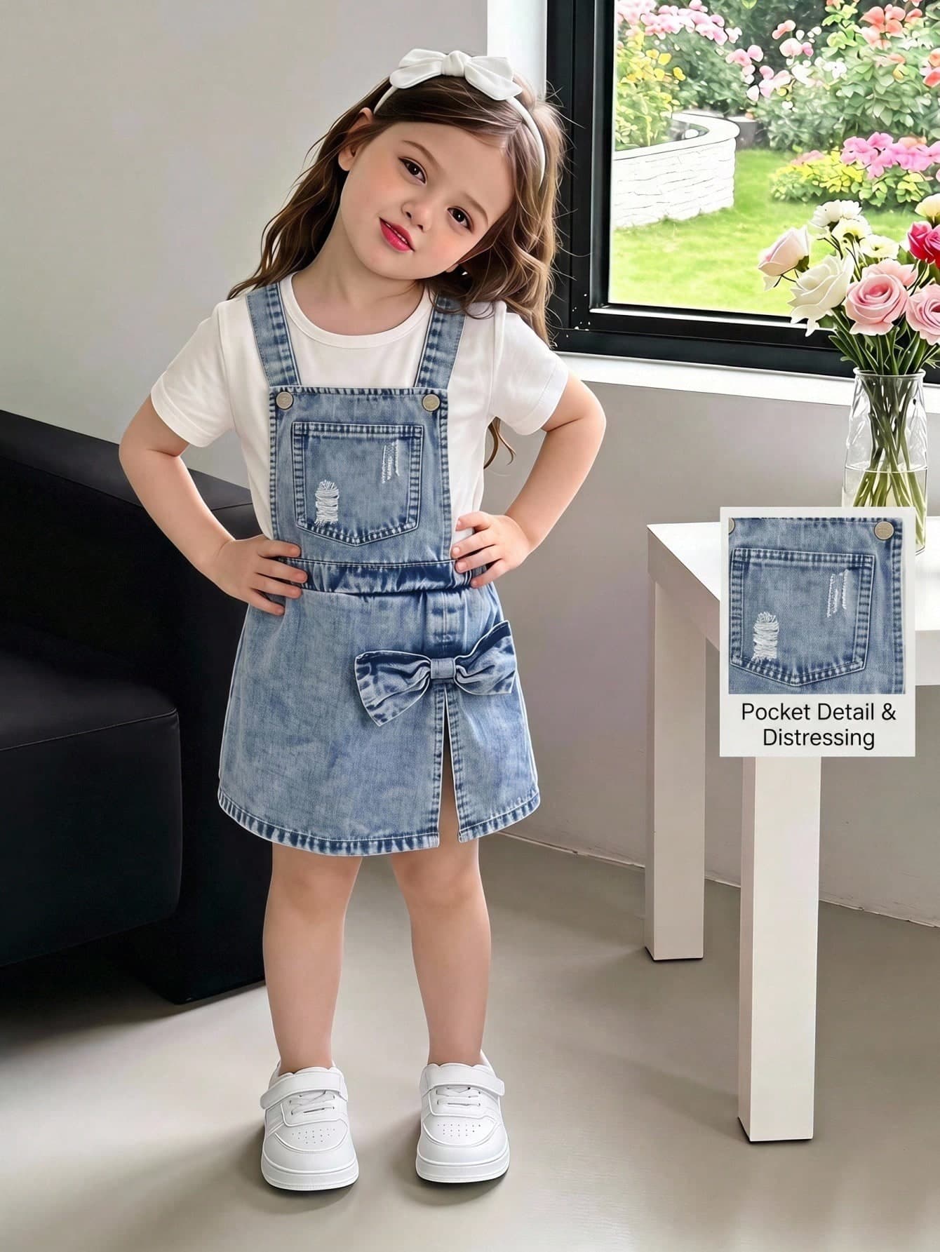 SHEIN Playful Pals Young Girls' Denim Overall Shorts, Summer New Arrival, Fashion Style, Light Blue Vintage Denim, Elastic Waist Design, 3D Large Bow Decor, Fashionable , Loose A-Line Fit, Soft And Comfortable Fabric, Versatile For Daily Wear, Suitable For Summer Vacation And Other Occasions, Young Girls' Denim Overall Shorts