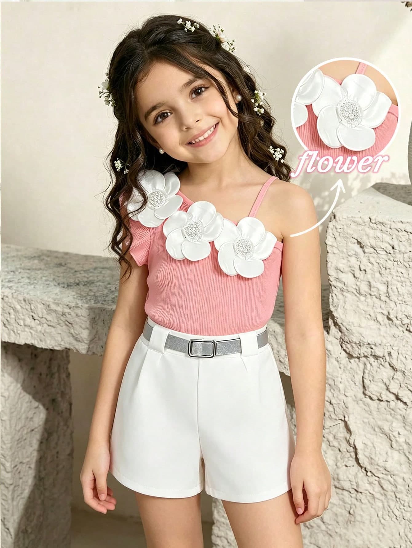 SHEIN Elladie kids Young Girls Spring/Summer White Tank Top Set, Front Pearl 3D Floral Decoration, Ribbed Knit Blazer Shorts, 2-Piece Set, Elegant, 7th Birthday