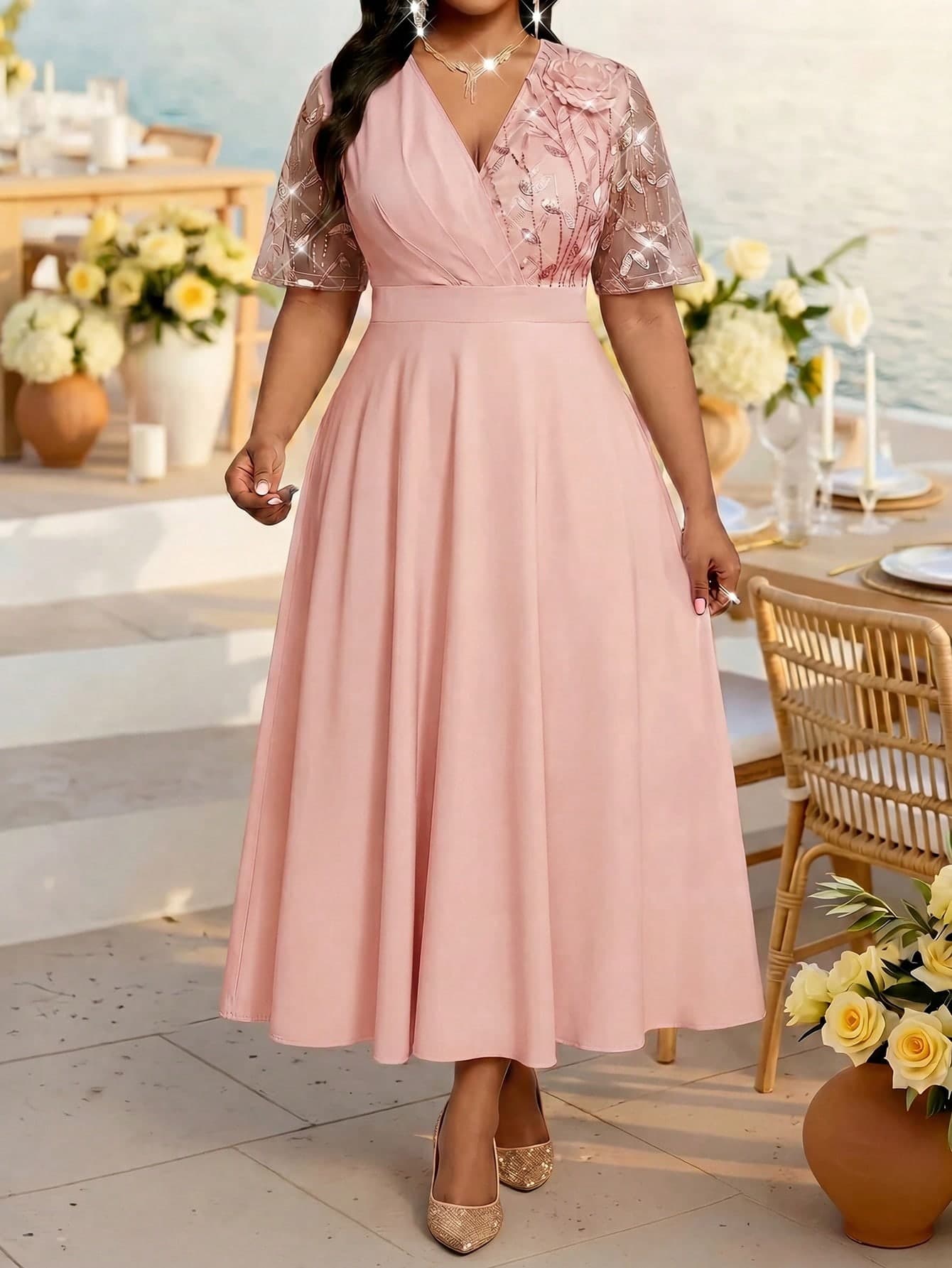 Fleurora Plus Size Women's Floral Sequin Mesh Short Sleeve Elegant Dress Wedding Guest Dusty Pink Summer