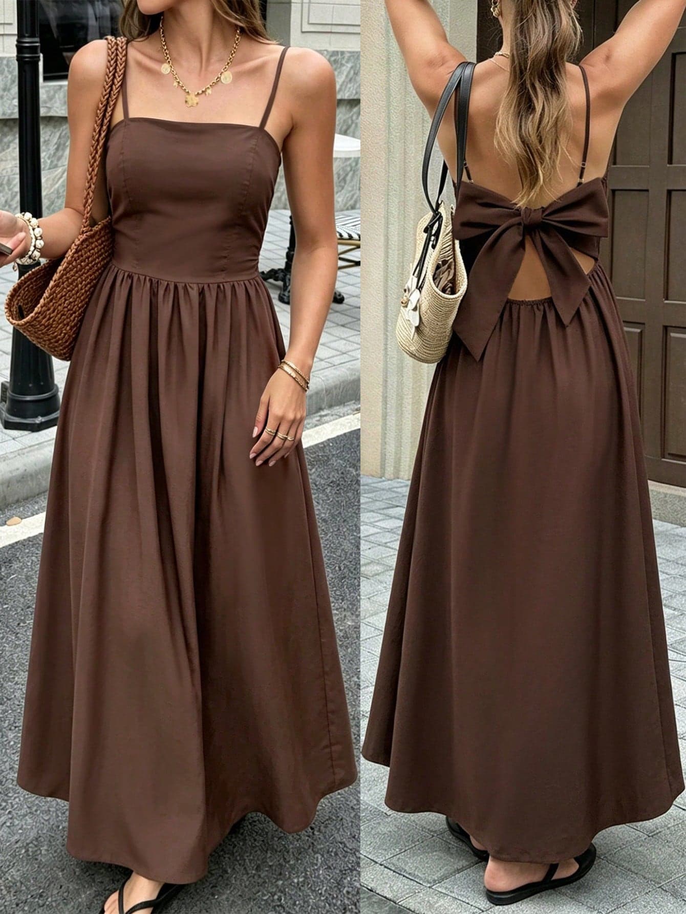 SHEIN PariChic Women's Solid Brown Square Neck Cami Maxi Dress, Backless Bow Tie Detail High Waist Flowy Long Dress, Casual Vacation & Daily Wear