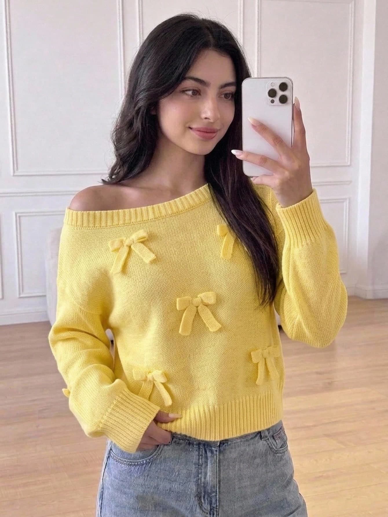 Teen Girls Casual Solid Color Bow Pink Knit Sweater, Simple Fashion, Suitable For Daily Wear, Autumn, Winter, KIDS