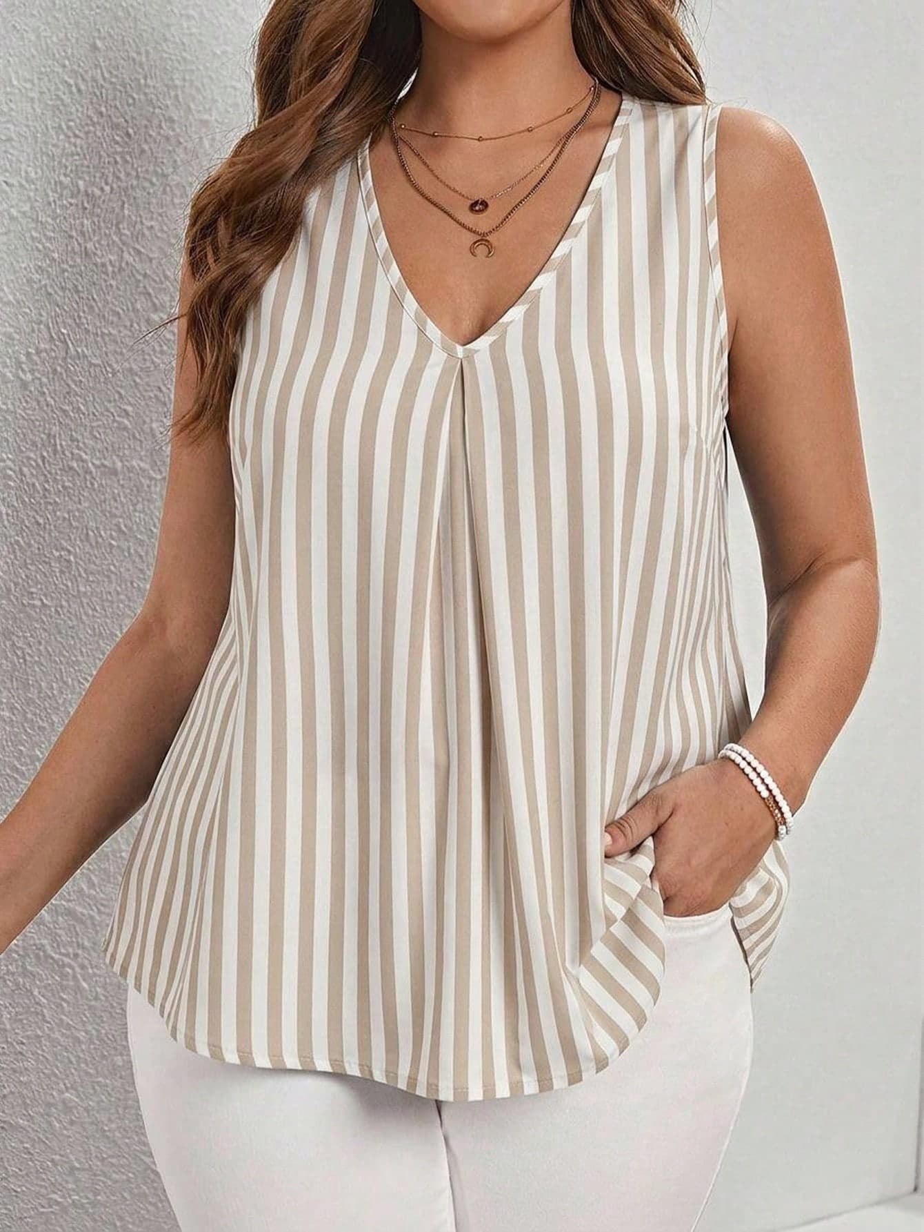 Comfylo Casual Versatile Daily Plus Size Contrast Color Striped Pattern V-Neck Pleated Tank Top, Spring/Summer