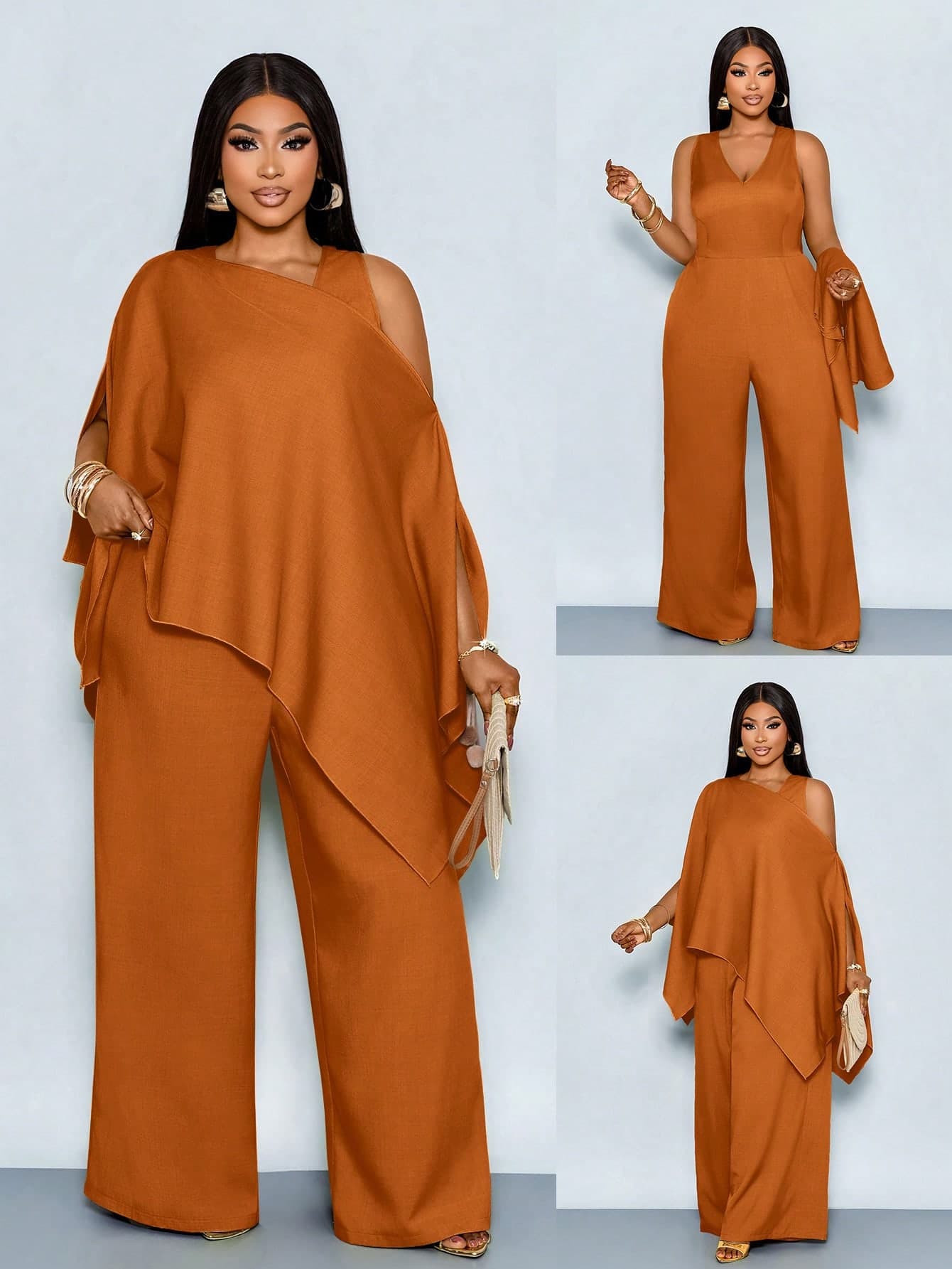 SOLERSUN Plus-Size Women's Fashion Solid Color Shawl Off-Shoulder Asymmetrical Blouse Top Paired With Deep V-Neck Elastic Waist Jumpsuit Wide-Leg Pants Two Pieces Set. A Sophisticated, Minimalist, Loose-Fitting, And Casual Two Pieces Set, Suitable For Daily Commutes And Beach Vacations. Perfect For St. Patrick's Day, Easter, Music Festivals, Four-Leaf Clover, Street Style, Picnics, And Everyday Commuting. A Fashionable And Versatile Set, Bohemian Style, Modern, Elegant, Ethereal, And New.
