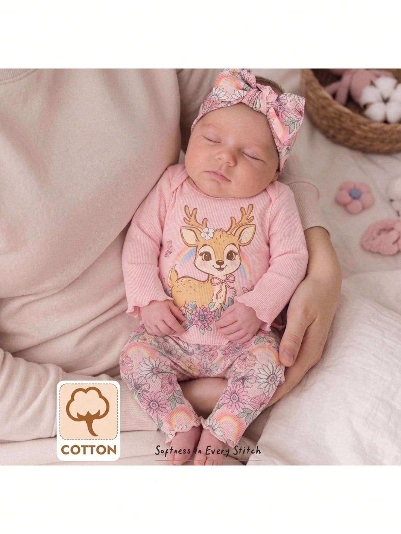 SHEIN Newborn Pink Ribbed Floral Print Long Sleeve Bodysuit + Headband Set, Sweet Ruffle Trim Baby Girl Outfit, Comfortable Fashionable Infant Wear