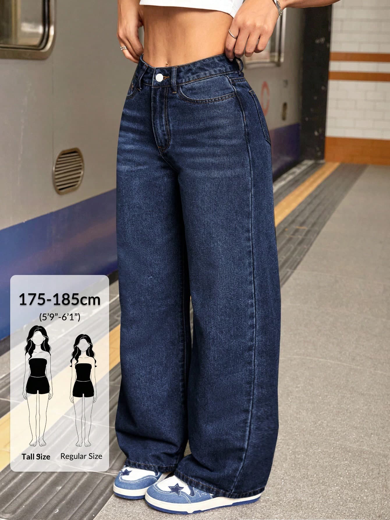 SHEIN Tall Women's Casual Streetwear Commuter Occasion Washed Straight-Leg Jeans Navy Blue Summer, Tall Women