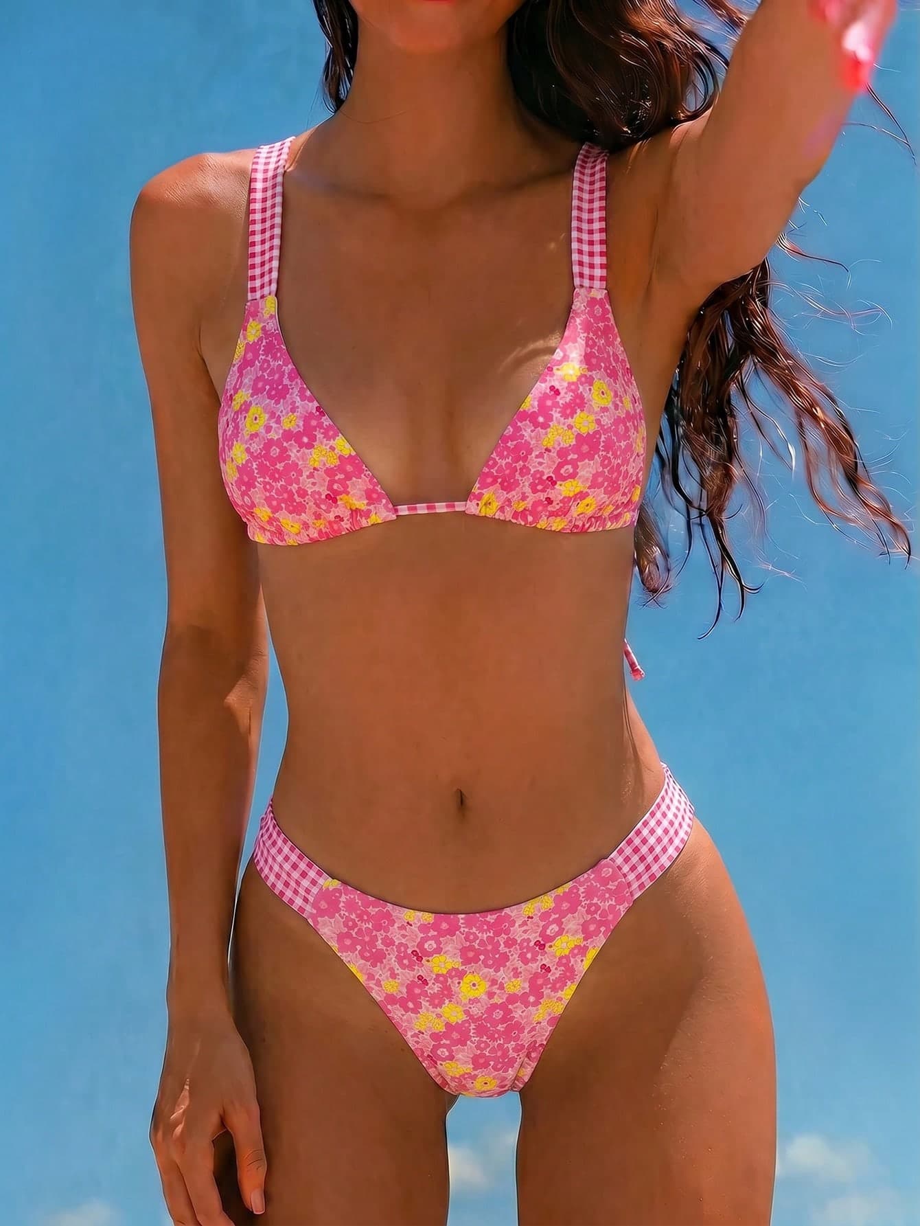 Swim Mod Spring/Summer Sun Beach Swimwear 2-Piece Set, Cute Random Ditsy Floral, Wide Shoulder Straps, Backless Tie-Up Triangle Bikini Bottom, Women's Swimsuit Set