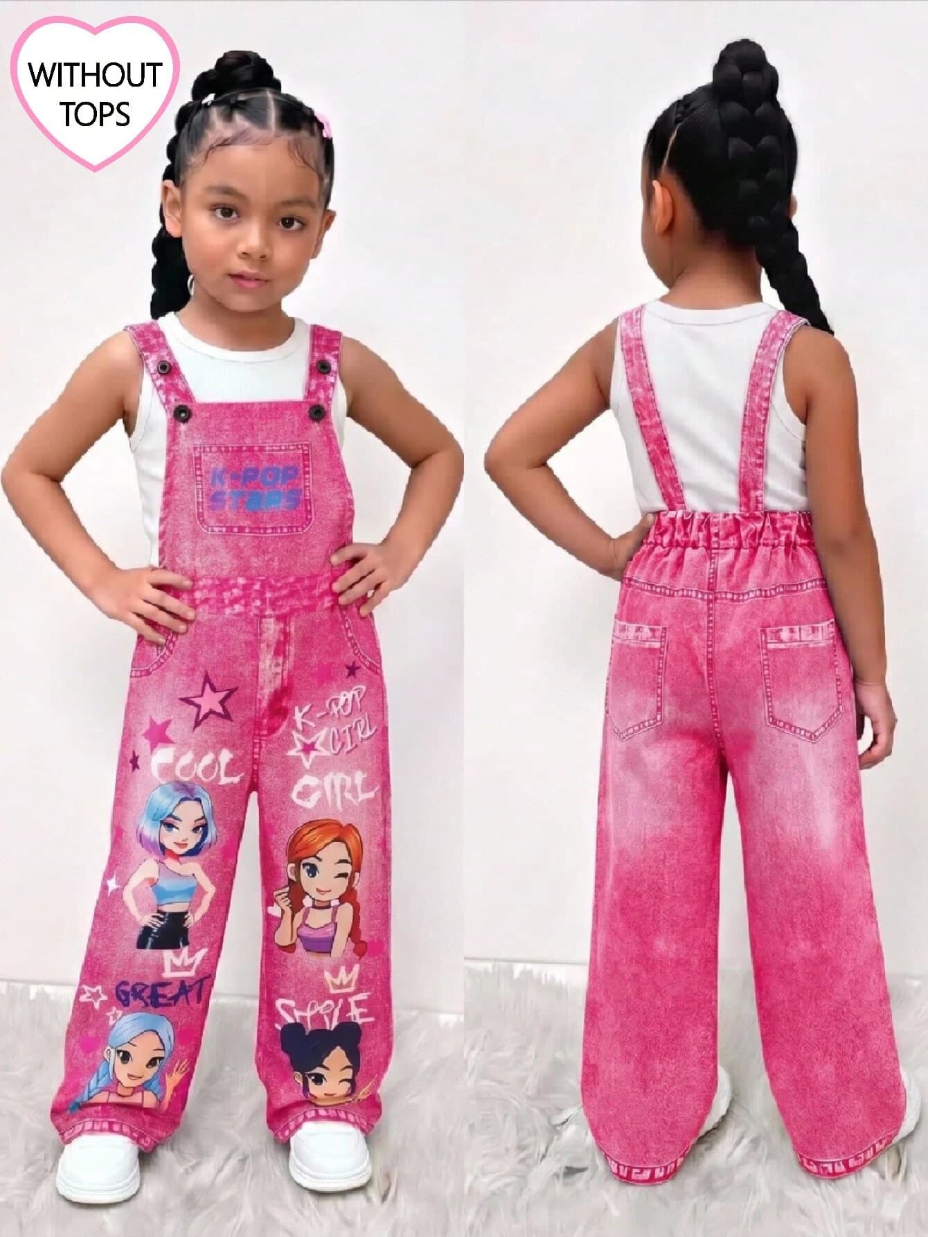 Girls' Woven Streetwear Chain Detail Fun Cool Letter Print Overall Jumpsuit, Fashionable Back-To-School Outfit For Spring, Summer, Autumn