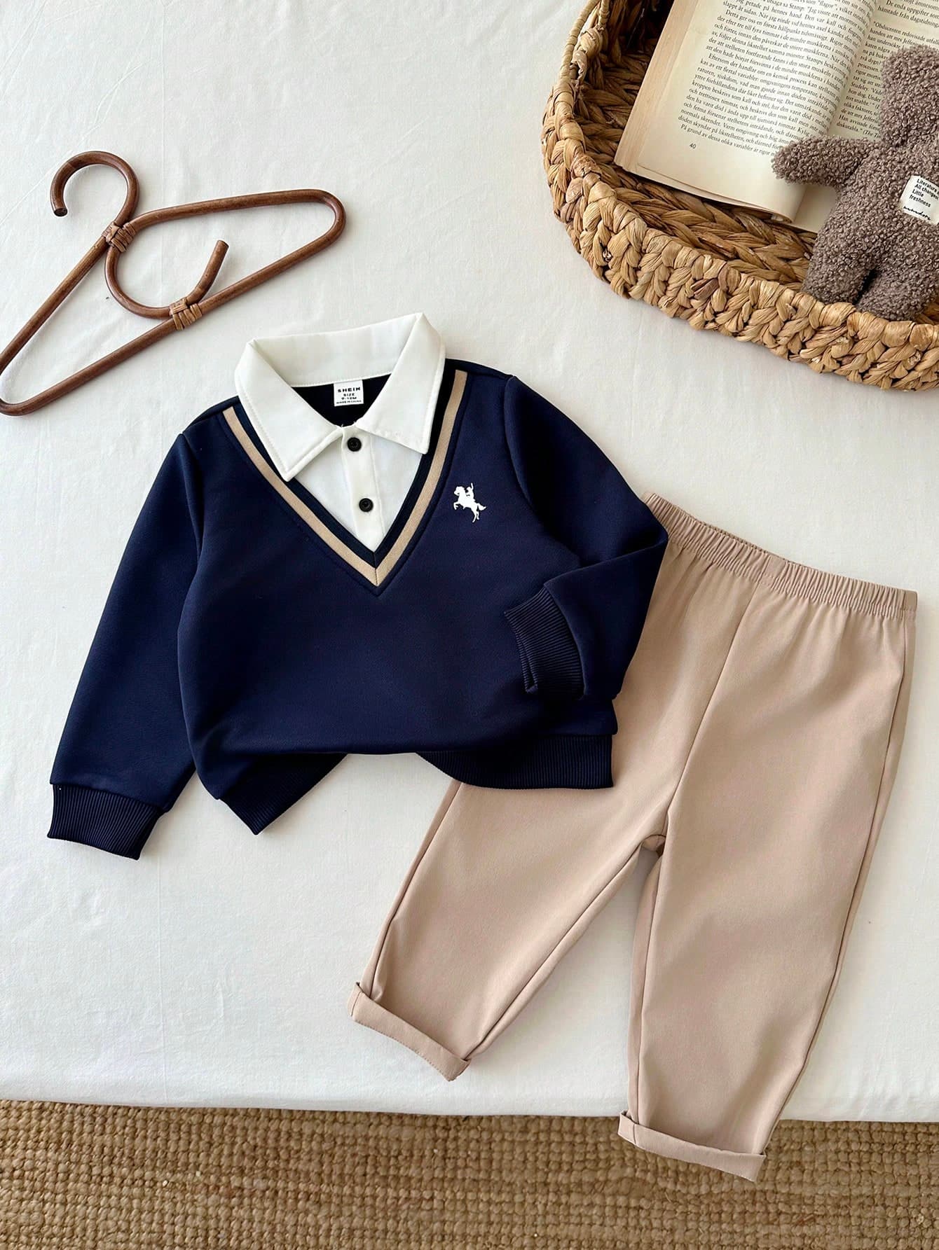 LMoss Kids Baby Boy Autumn/Winter School Style Back-To-School Season Turn-Down Collar 2 In 1 Colorblock Half-Button Front Top Casual Versatile Long Pants Set