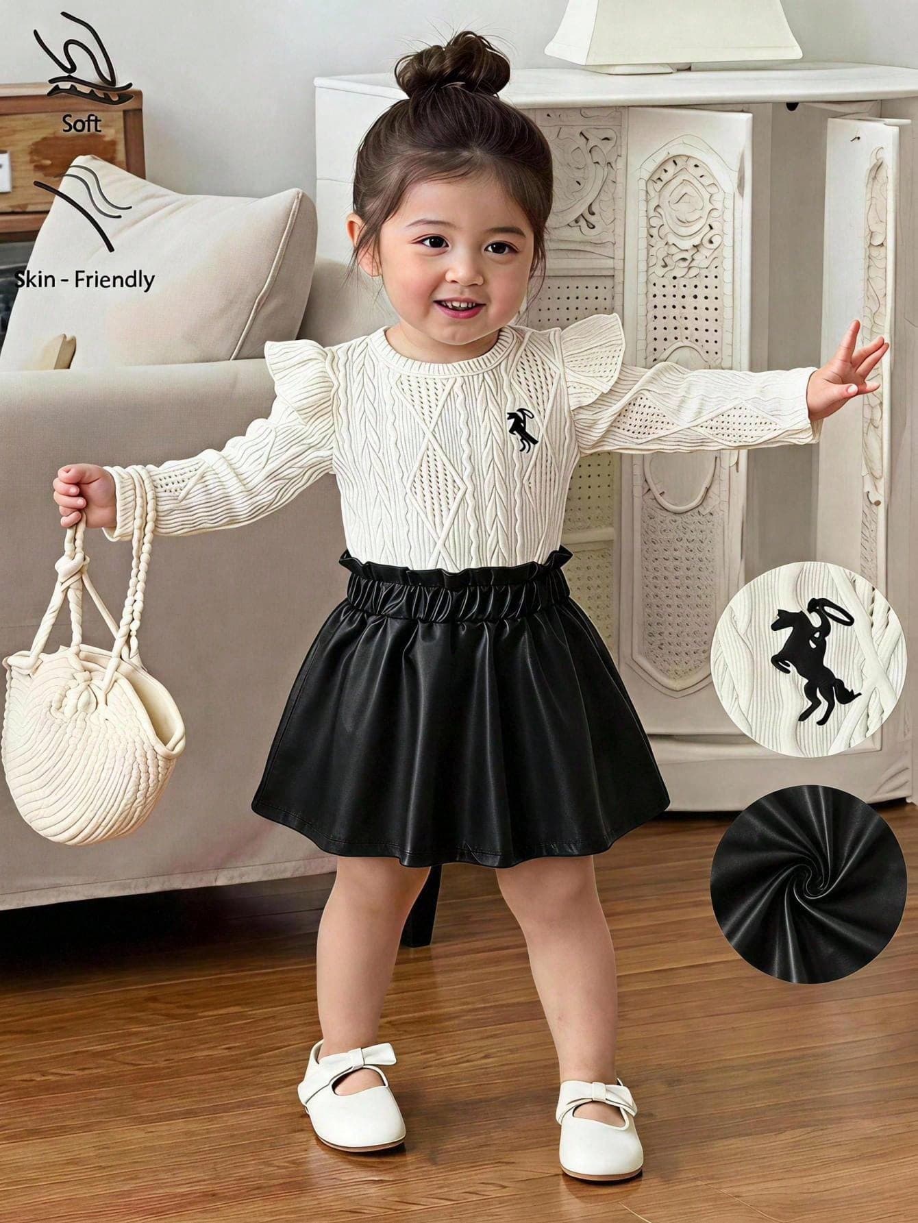 SHEIN Playful Pals Baby Girl Vintage Cute Sweet 2-Piece Set, Textured Cap Sleeve Knit Top Paired With Beige High-Waist Leather Umbrella Skirt, Iconic Embroidery Accents