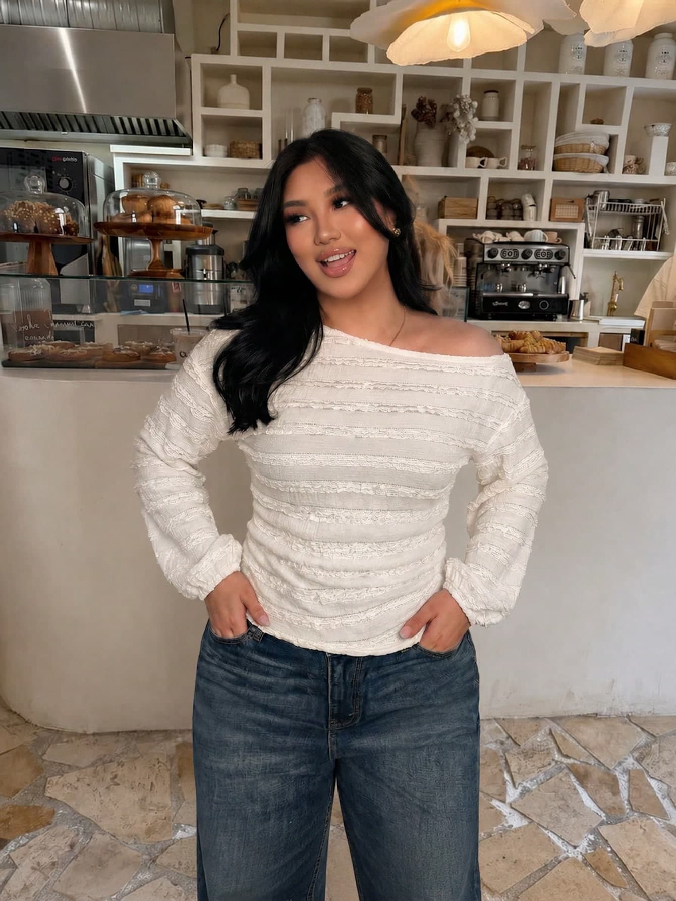 Firerie Plus Size Women's Textured Striped Asymmetrical Shoulder Elastic Ruched Batwing Sleeve T-Shirt Top, Striped Women's Top, Spring Summer Autumn Clothing, Commute, Elegant, Casual, Daily, Workwear