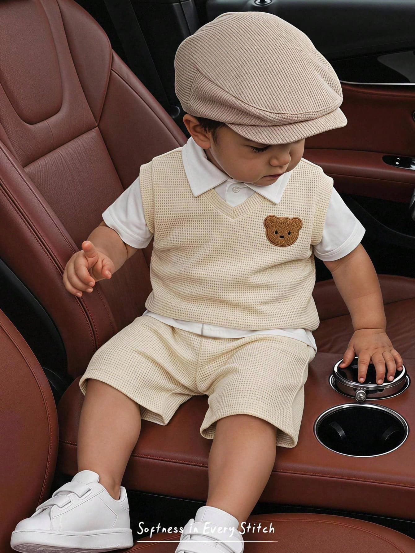 Cozy Pixies 3pcs/Set Unisex Baby Boy/Girl Cute Bear Pattern Khaki Sleeveless Vest,White Short Sleeve Shirt,And Shorts Set,Spring/Summer Boy Clothes Outfits