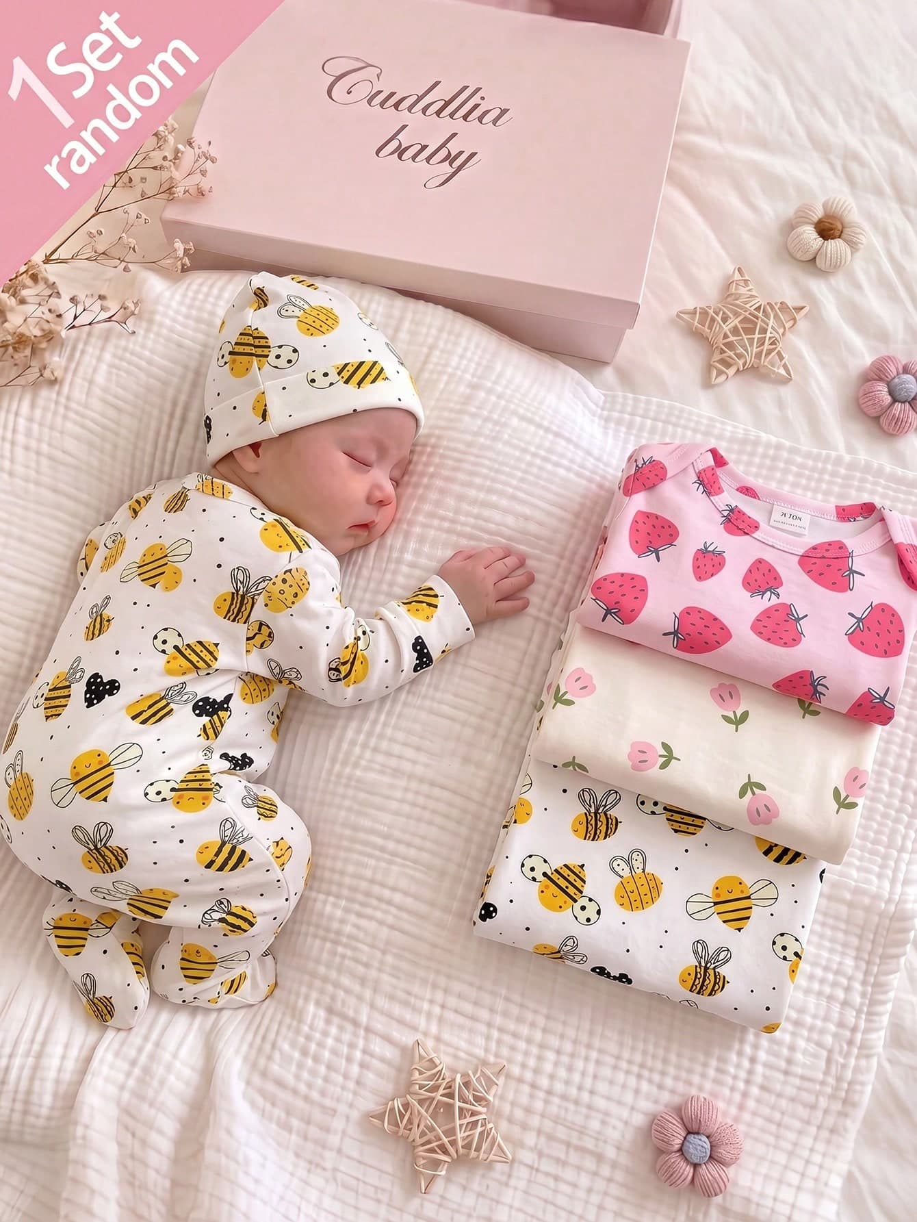 SHEIN [1 Set Randomly Sent]Newborn Home Romper Pajamas, Cute Strawberry Bee Floral Print Long Sleeve Sleepwear, Snap Button Closure, Comfortable Newborn Baby Pajamas, Spring/Autumn Casual Daily Wear Set