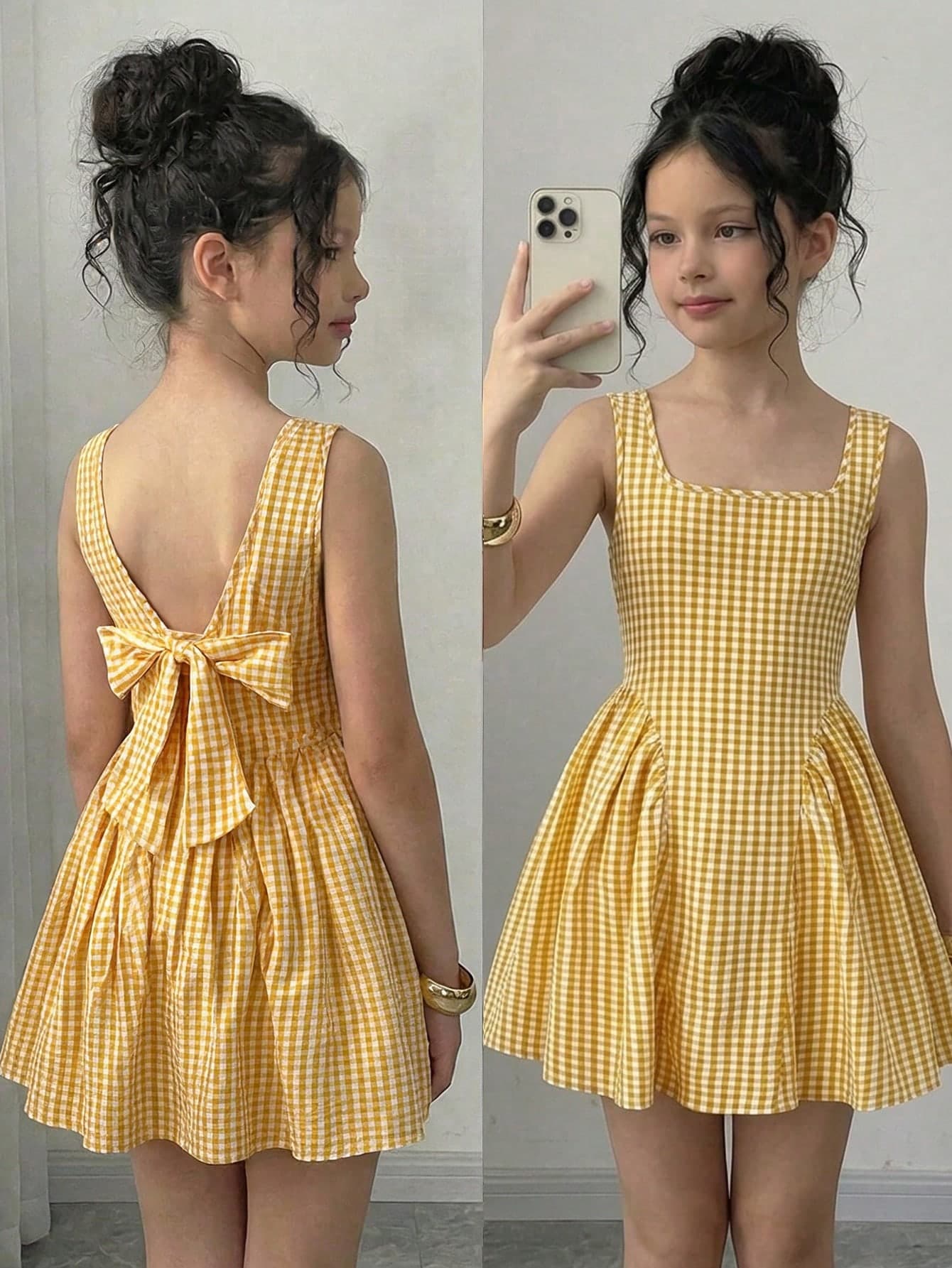 Firerie Kids Firerie Kids Kids Young Girl Plaid Back Bow Decor Sleeveless Dress White Summer