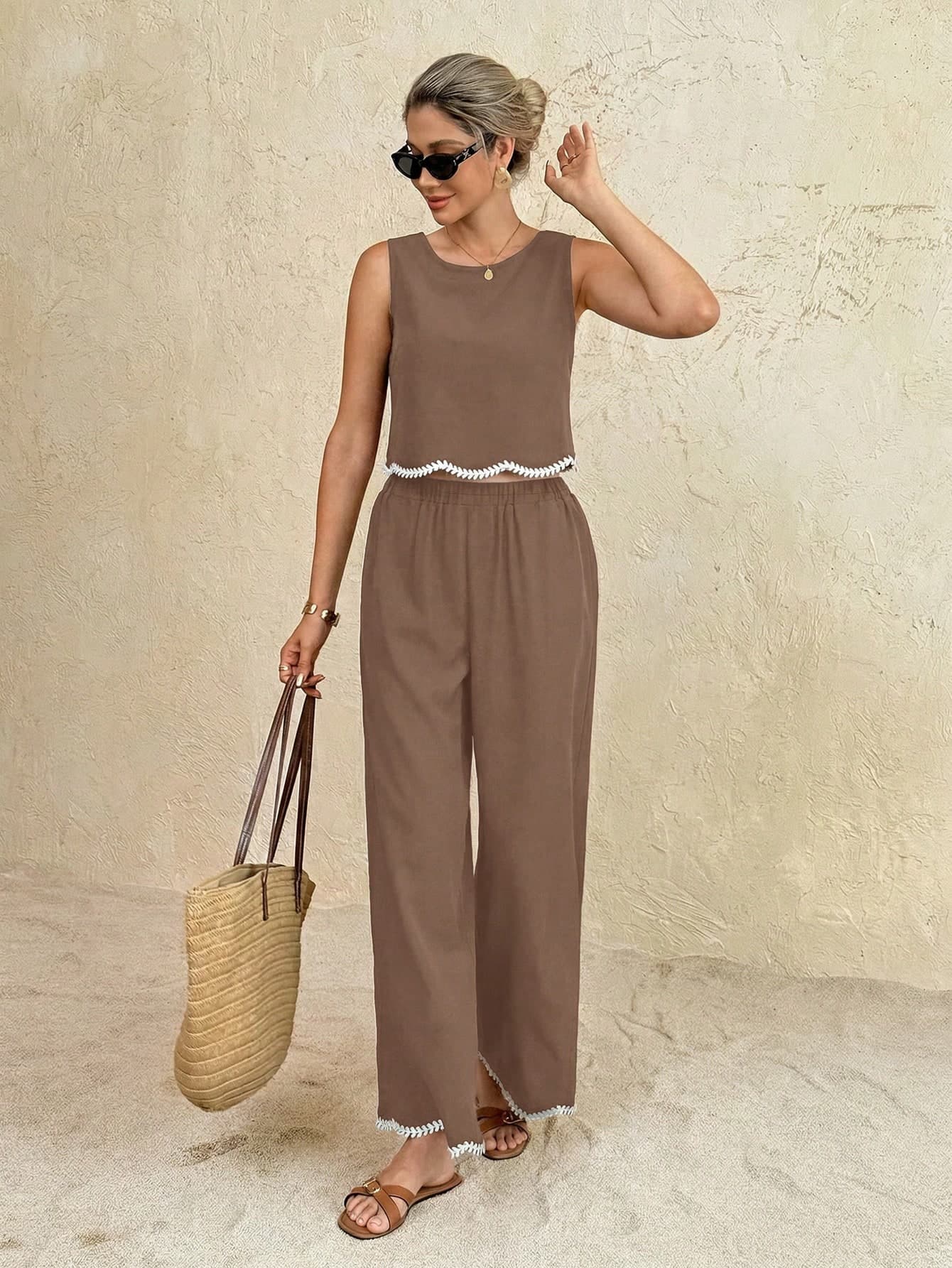 SHEIN Frenchy Women's Vacation Casual Contrast Trim Camisole And Pants 2 Pieces Set