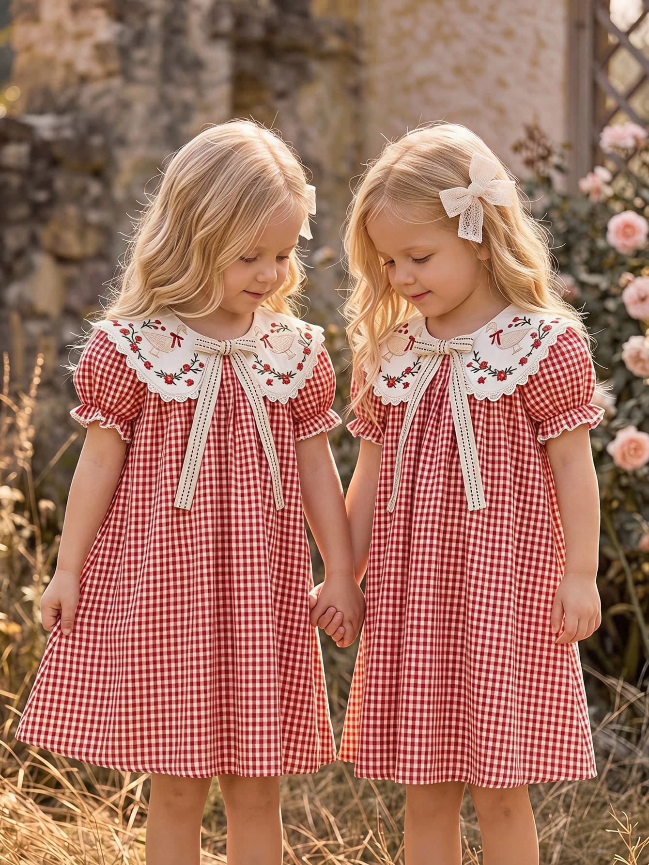 Emery Rose Kids Emery Rose Kids Kids Young Girl Woven Solid Color Cartoon Floral Embroidery Peter Pan Collar Bow Puff Sleeve Casual Fairy Dress Summer,Autumn,Vacation,Back To School.