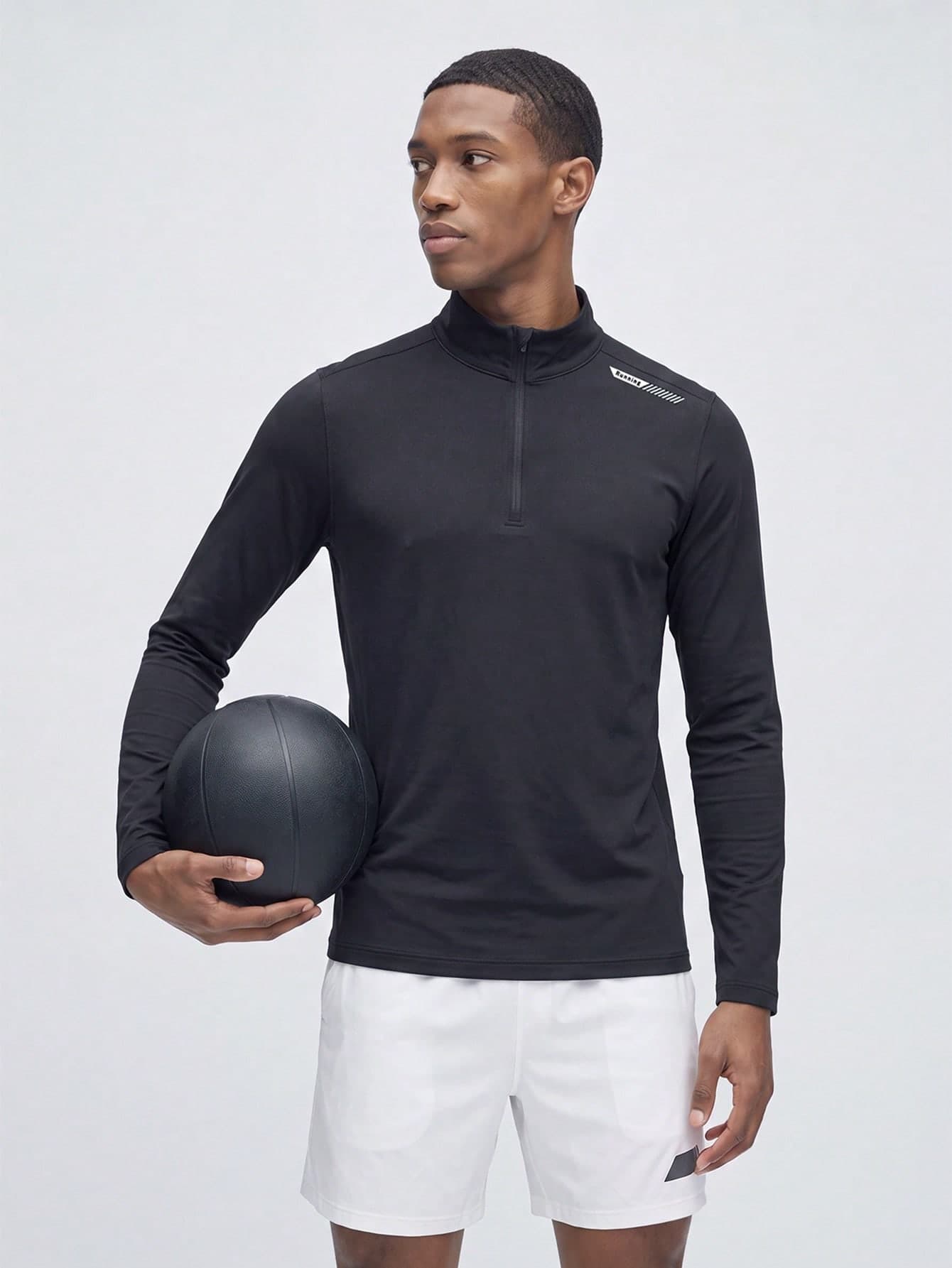 Nelvento Soul Men's Casual Sports Printed Zip Jacket,Autumn Athleisure Gym Athletic Half Zipper High Neck Long Sleeved Black Quick Drying Fitness Jacket,Lightweight