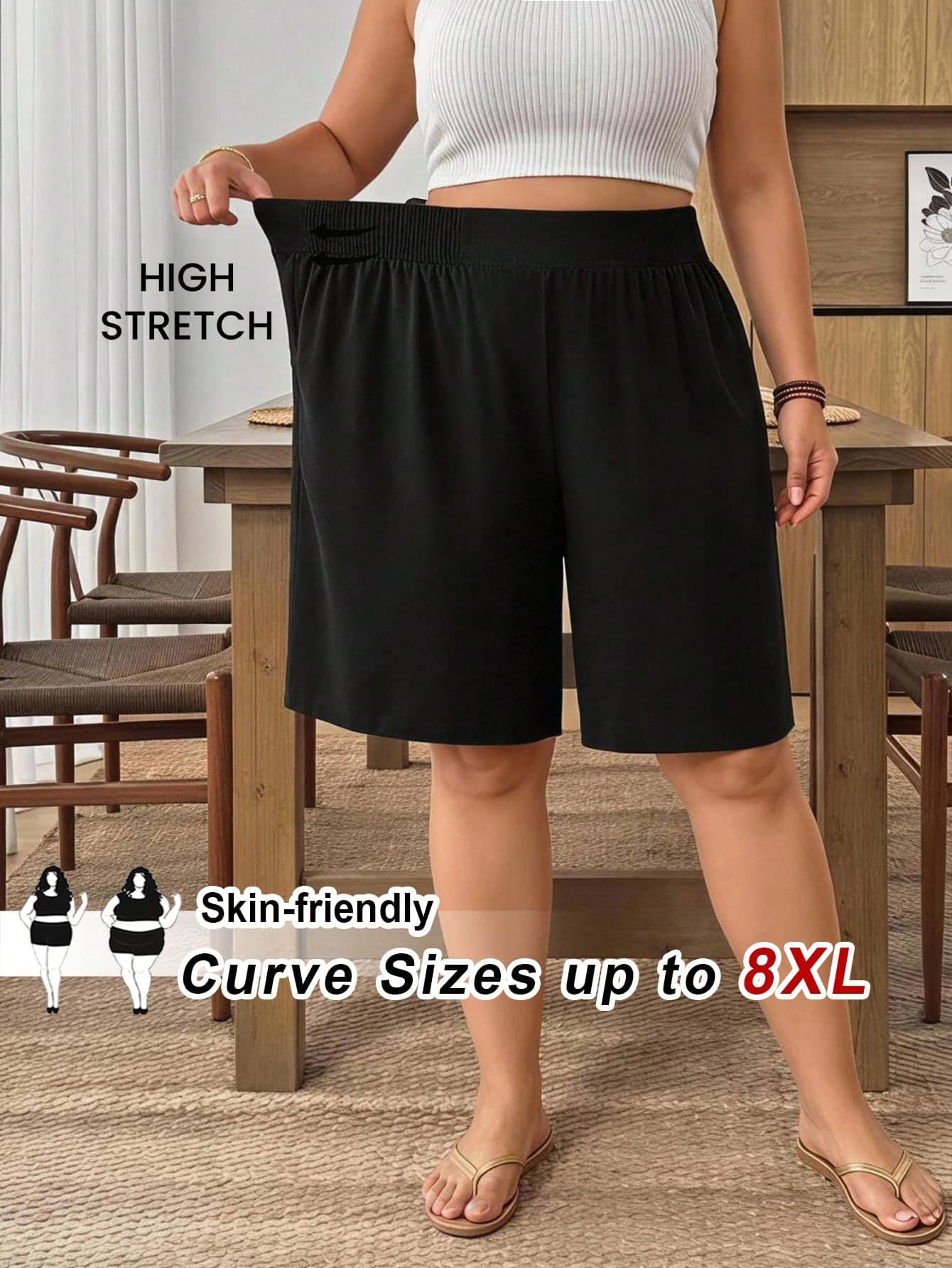SHEIN CURVE+ Plus Size Elastic Waist Woven Casual Six-Point Shorts, For Apple And Rounded Body Shape