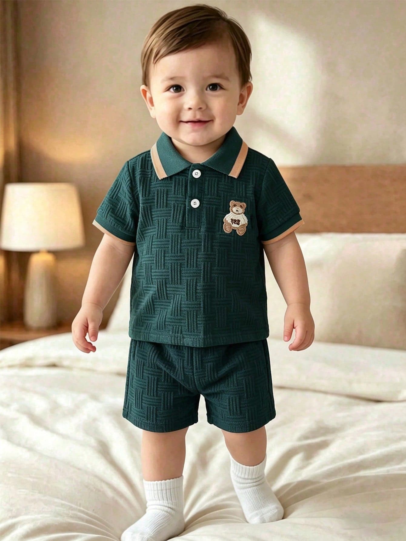 Souflis Souflis Babyboy White Summer Casual Jacquard Polo-Neck Short-Sleeved And Shorts Set Cute College-Style