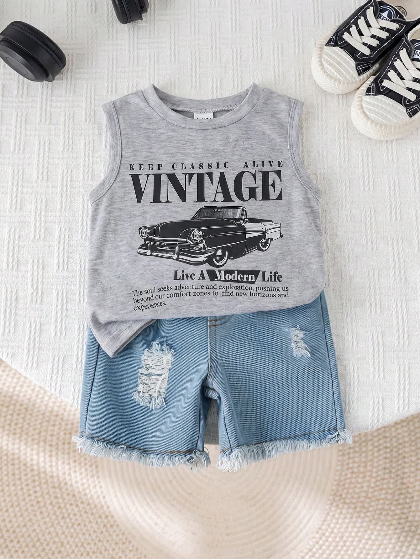 SHEIN 2pcs Baby Boy Summer Casual Street Chic Car Graphic Tank Top And Denim Shorts Set