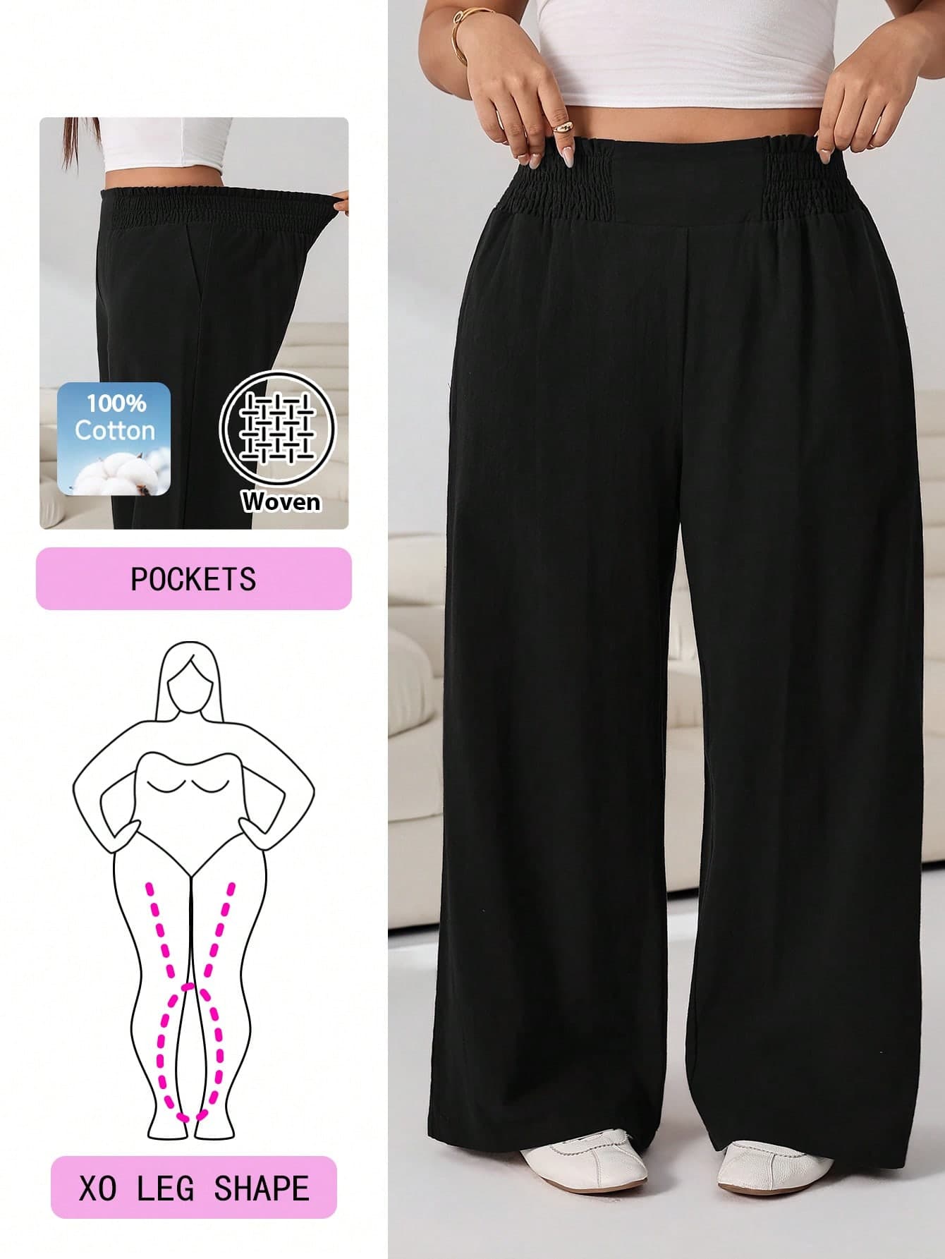 Solflare Plus Size Casual Modest Versatile Solid Color Wide Leg Pants Office Black Summer