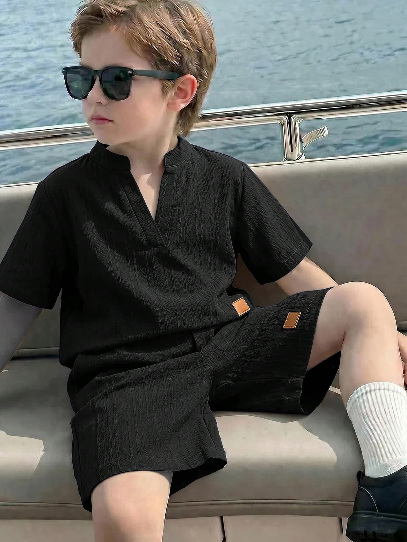 SHEIN 2pcs Kids Young Boy Casual Short Sleeve V-Neck Shirt & Shorts Set