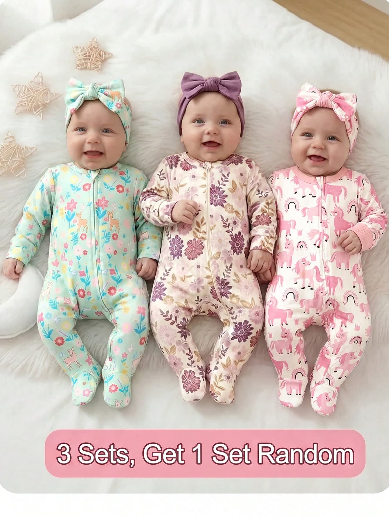 SHEIN Newborn Baby Printed Zipper Long Sleeve Cute Romper(3 Sets, Get 1 Set Random)