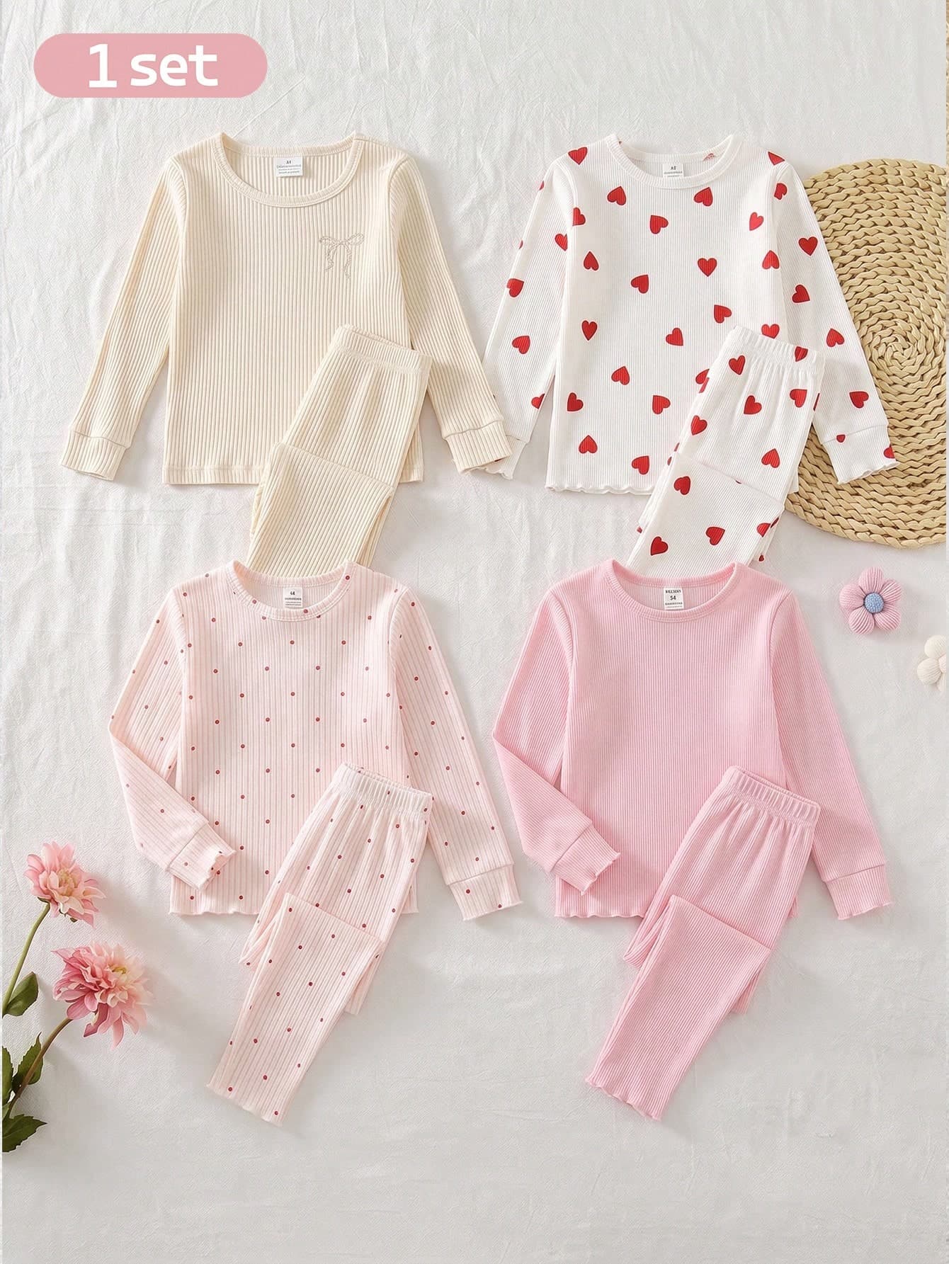 SHEIN 2pcs/Set Autumn/Winter Apricot Textured Ribbed Women's Toddler Loungewear, Cute Delicate Bow Embroidery Casual Minimalist High Elasticity Snug Fit Long Sleeve Pants Set