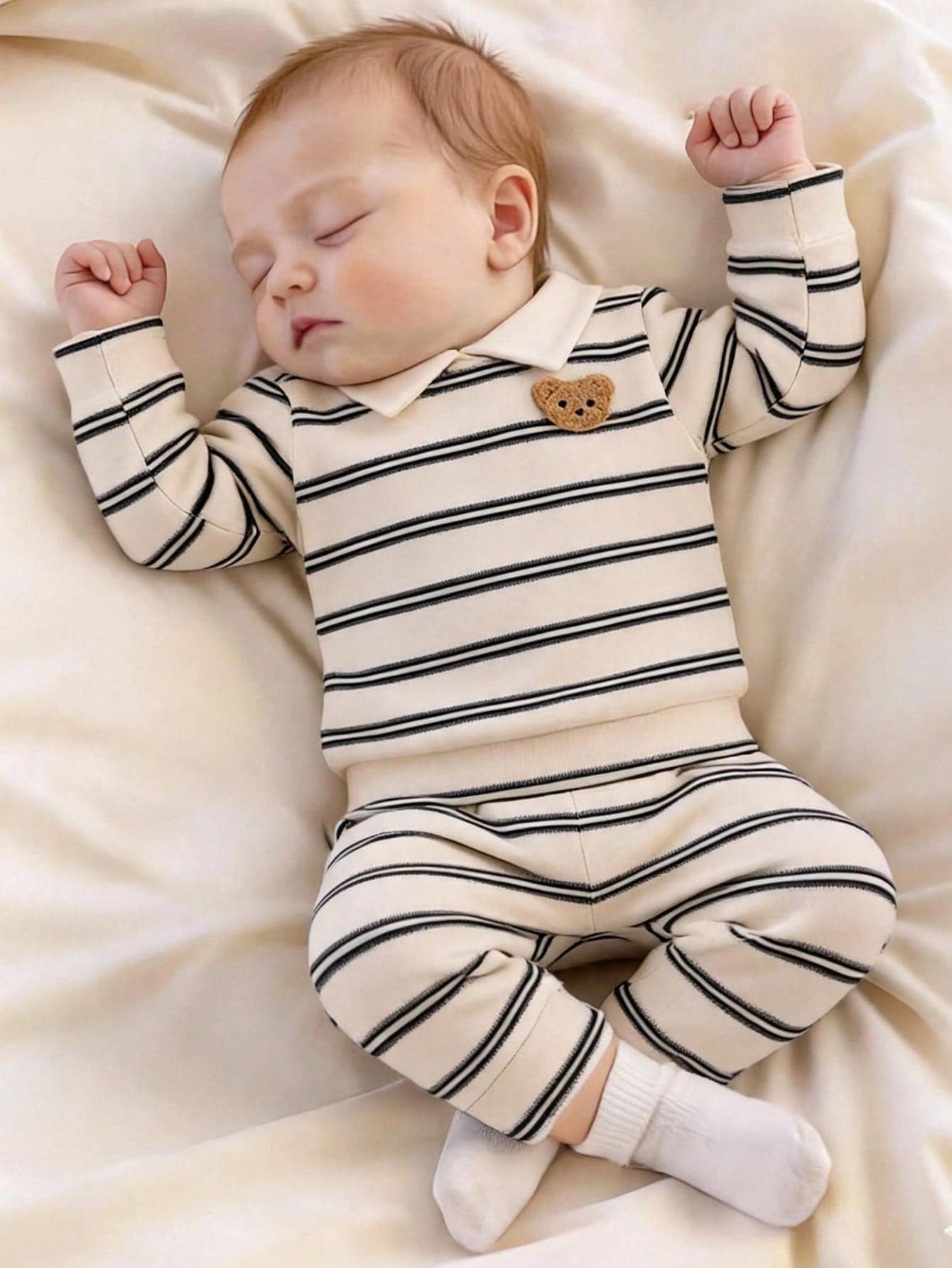SHEIN Playful Pals Newborn Baby Boy Autumn Long Sleeve Turn-Down Collar Knitted Solid Color Pants And Long Sleeve Top 2 Pieces Set